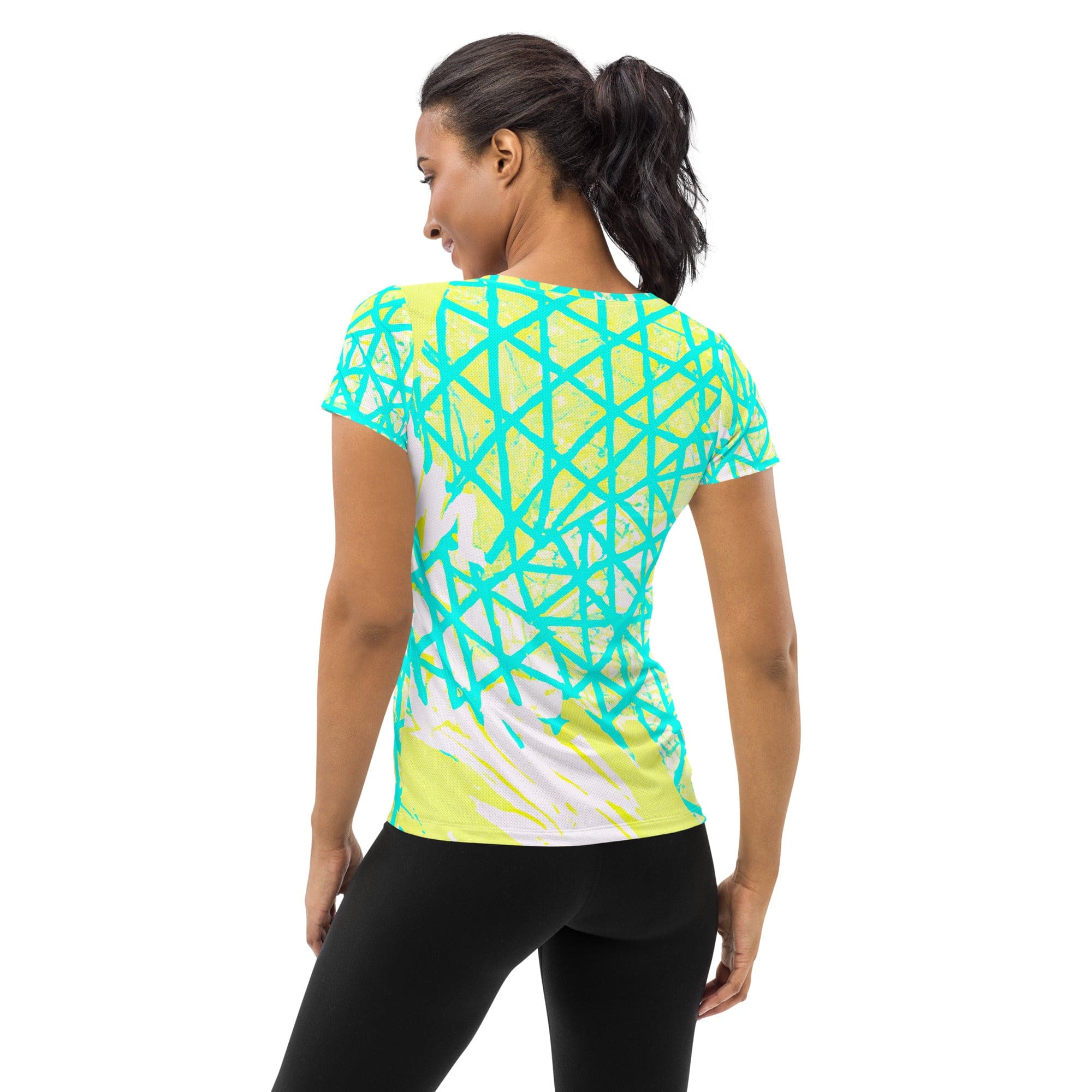 Womens Stretch Fit Athletic Sports T-shirt, Cyan Blue Lime Green-1