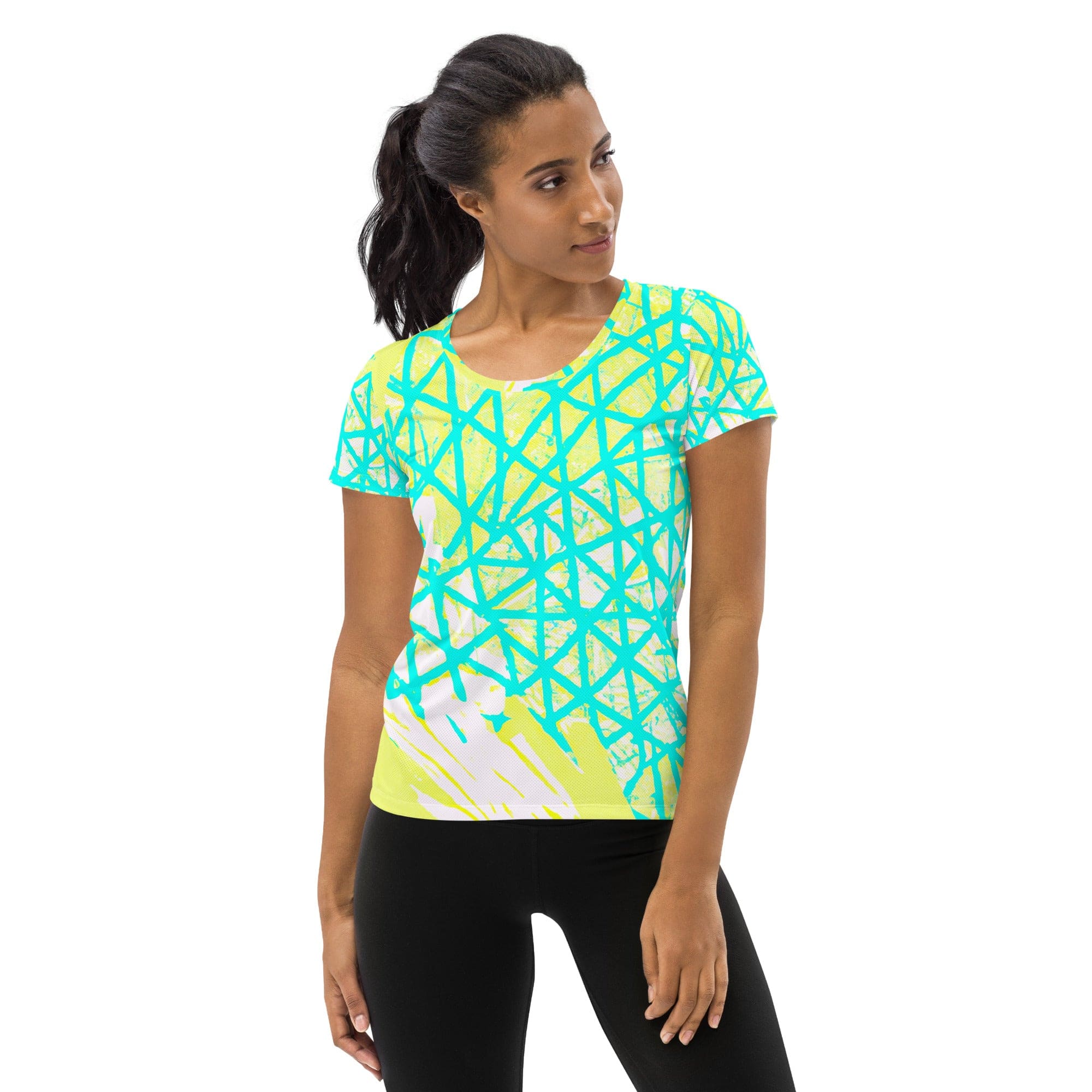 Womens Stretch Fit Athletic Sports T-shirt, Cyan Blue Lime Green-0