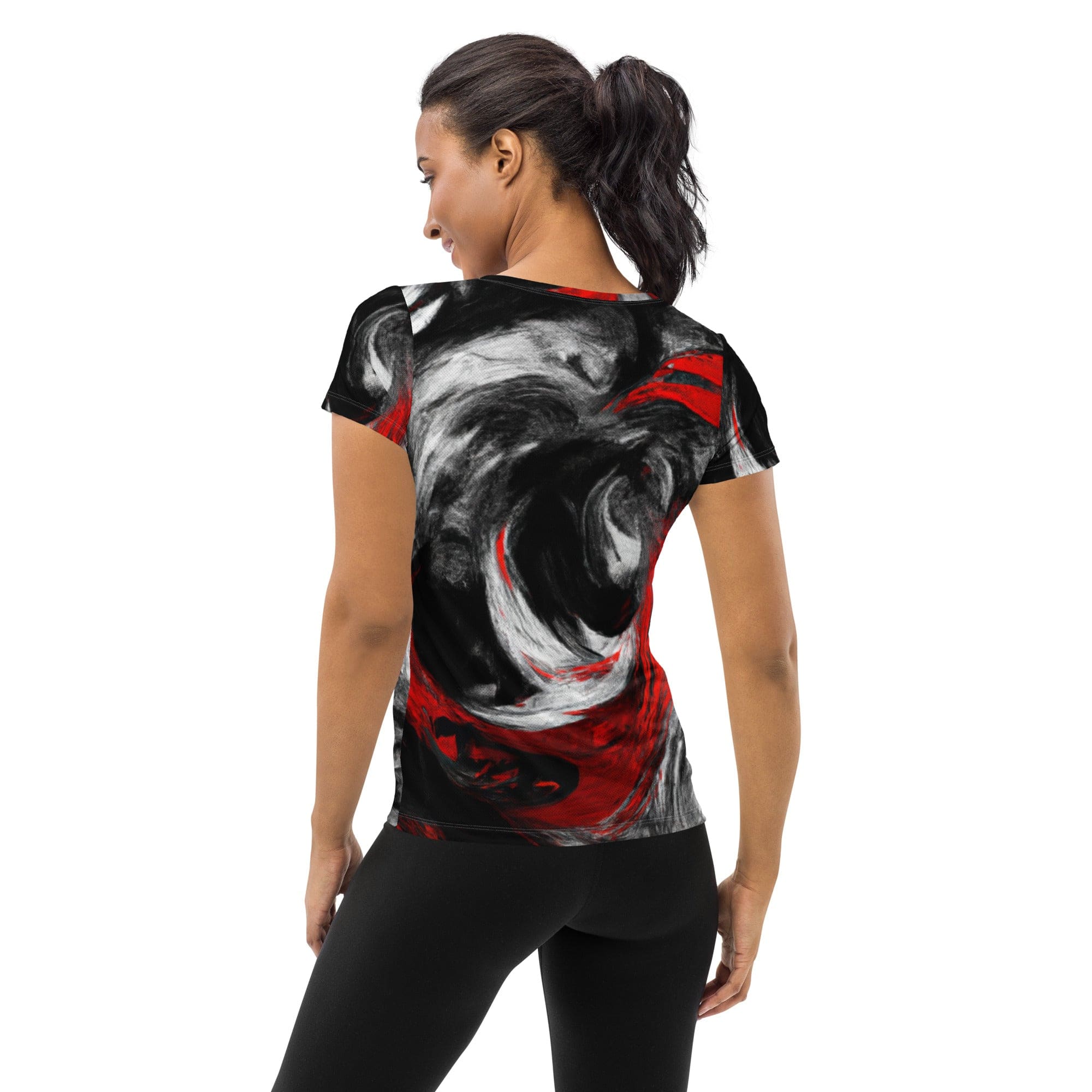 Womens Stretch Fit Athletic Sports T-shirt, Decorative Black Red-1