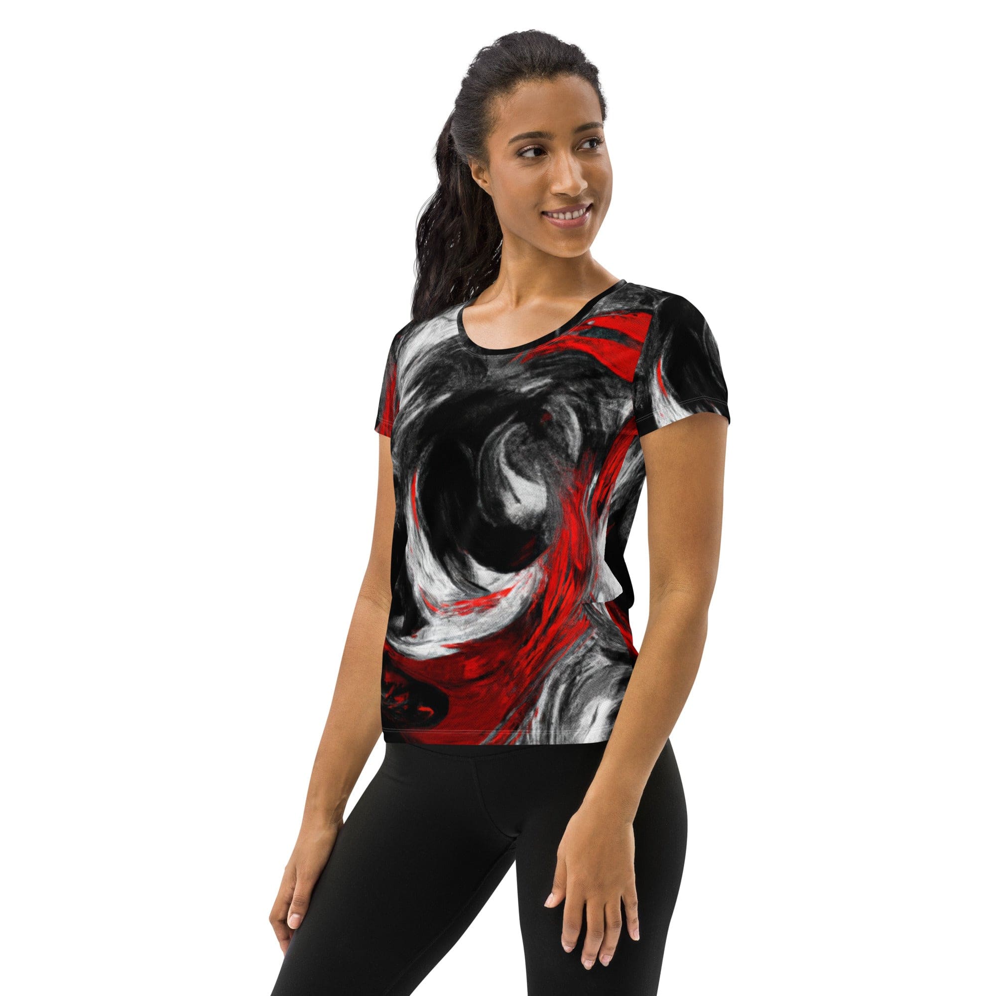 Womens Stretch Fit Athletic Sports T-shirt, Decorative Black Red-3