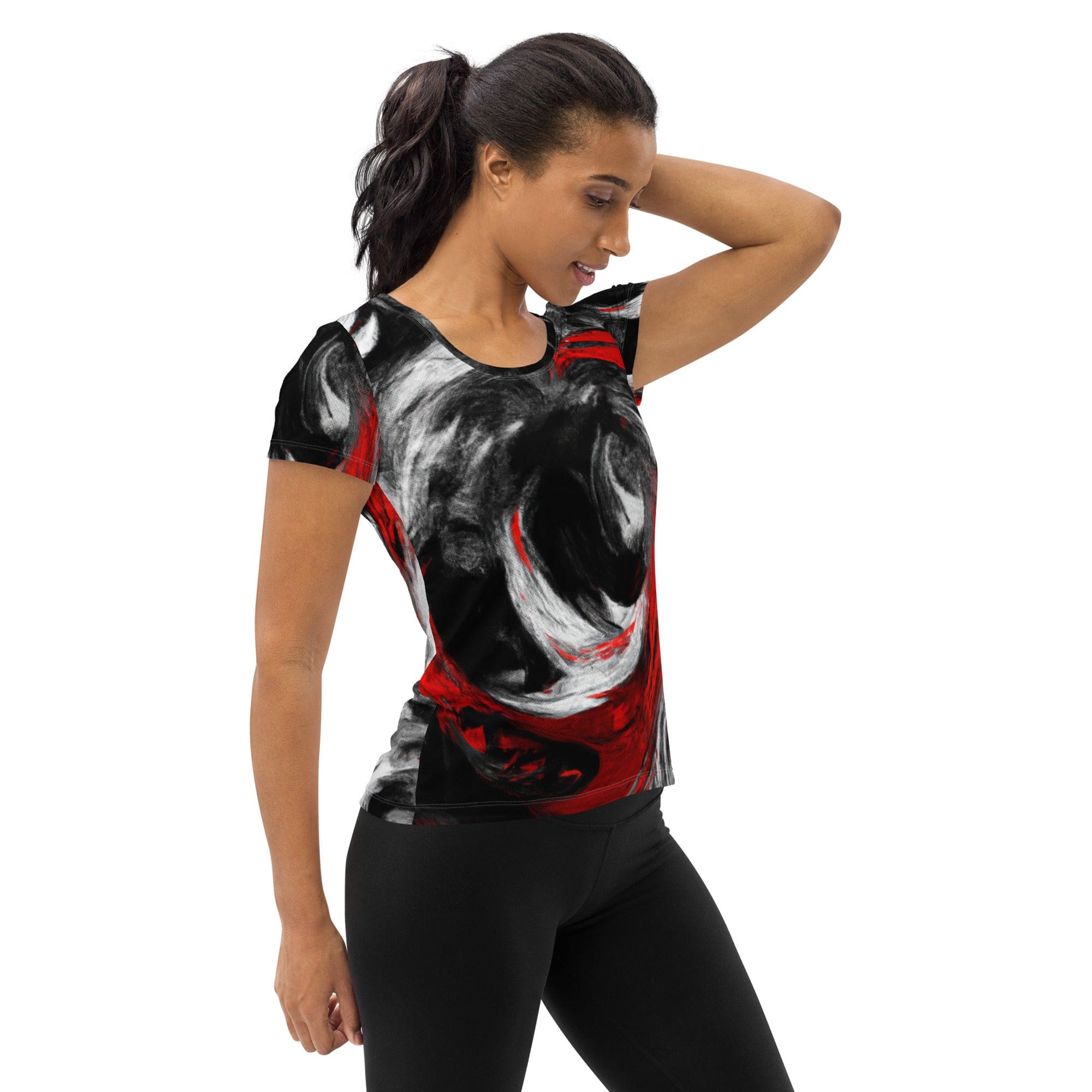 Womens Stretch Fit Athletic Sports T-shirt, Decorative Black Red-2