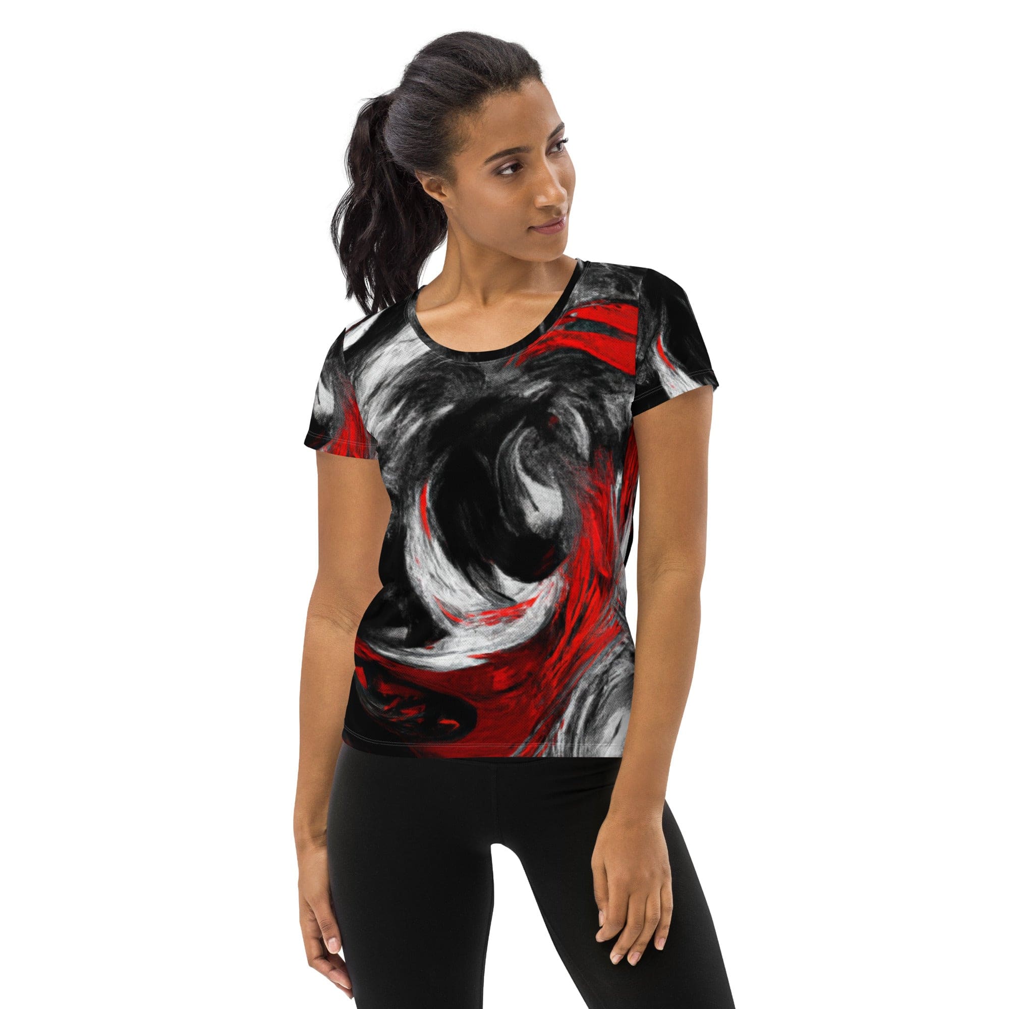 Womens Stretch Fit Athletic Sports T-shirt, Decorative Black Red-0