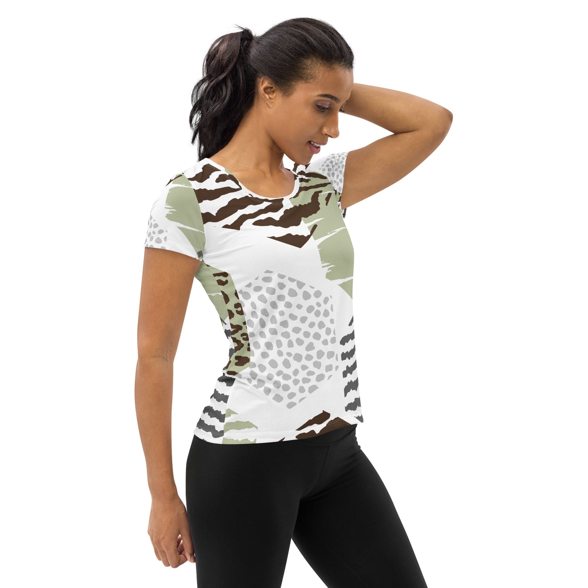 Womens Stretch Fit Athletic Sports T-shirt, Green Grey Hexagon Pattern-2