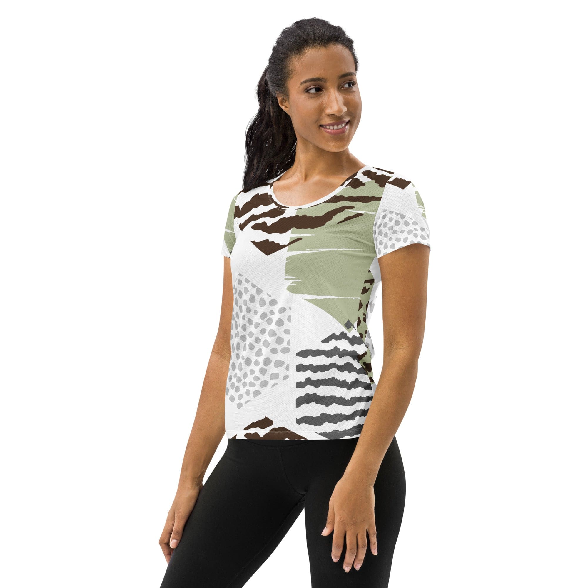 Womens Stretch Fit Athletic Sports T-shirt, Green Grey Hexagon Pattern-3