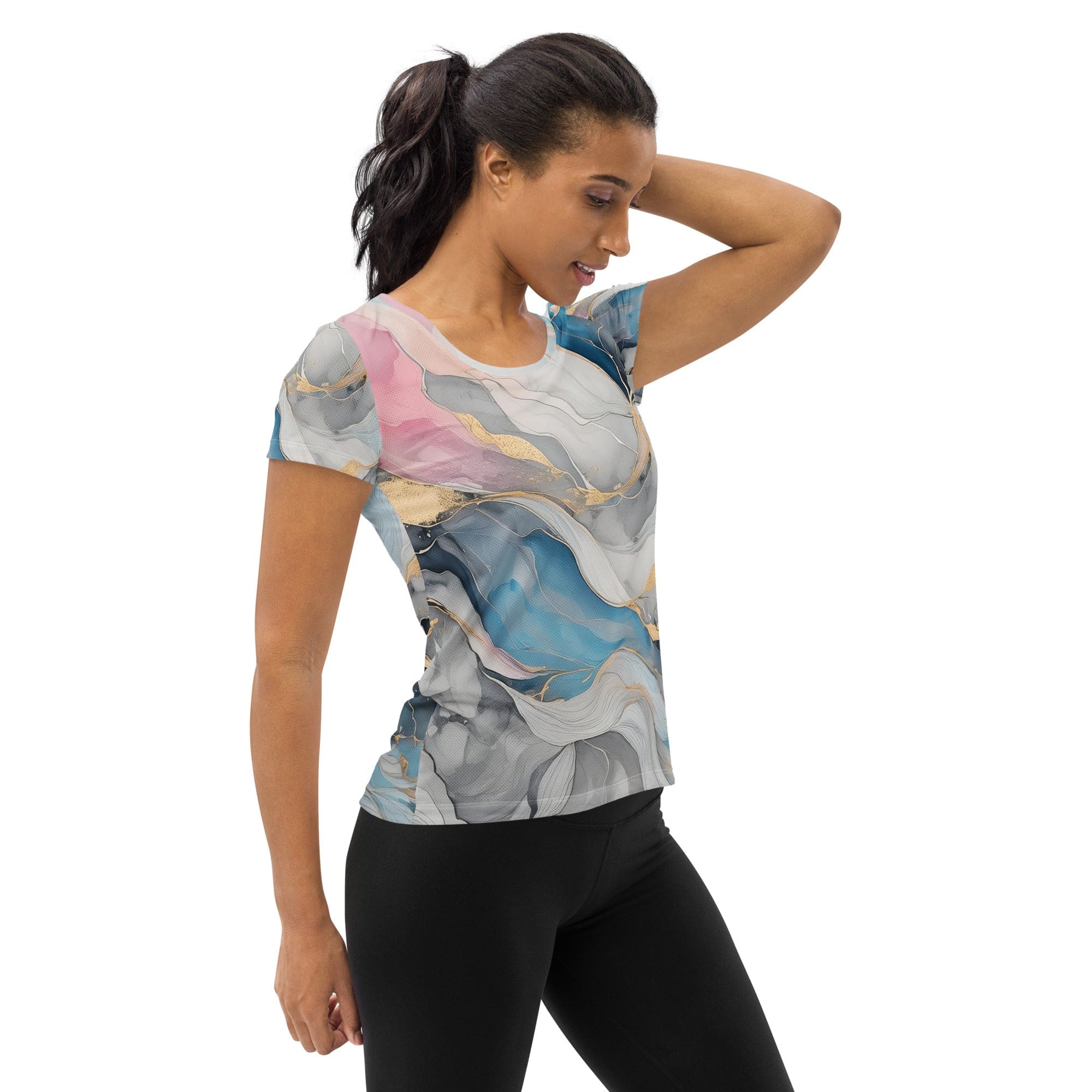 Womens Stretch Fit Athletic Sports T-shirt, Marble Cloud Of Grey 2-2