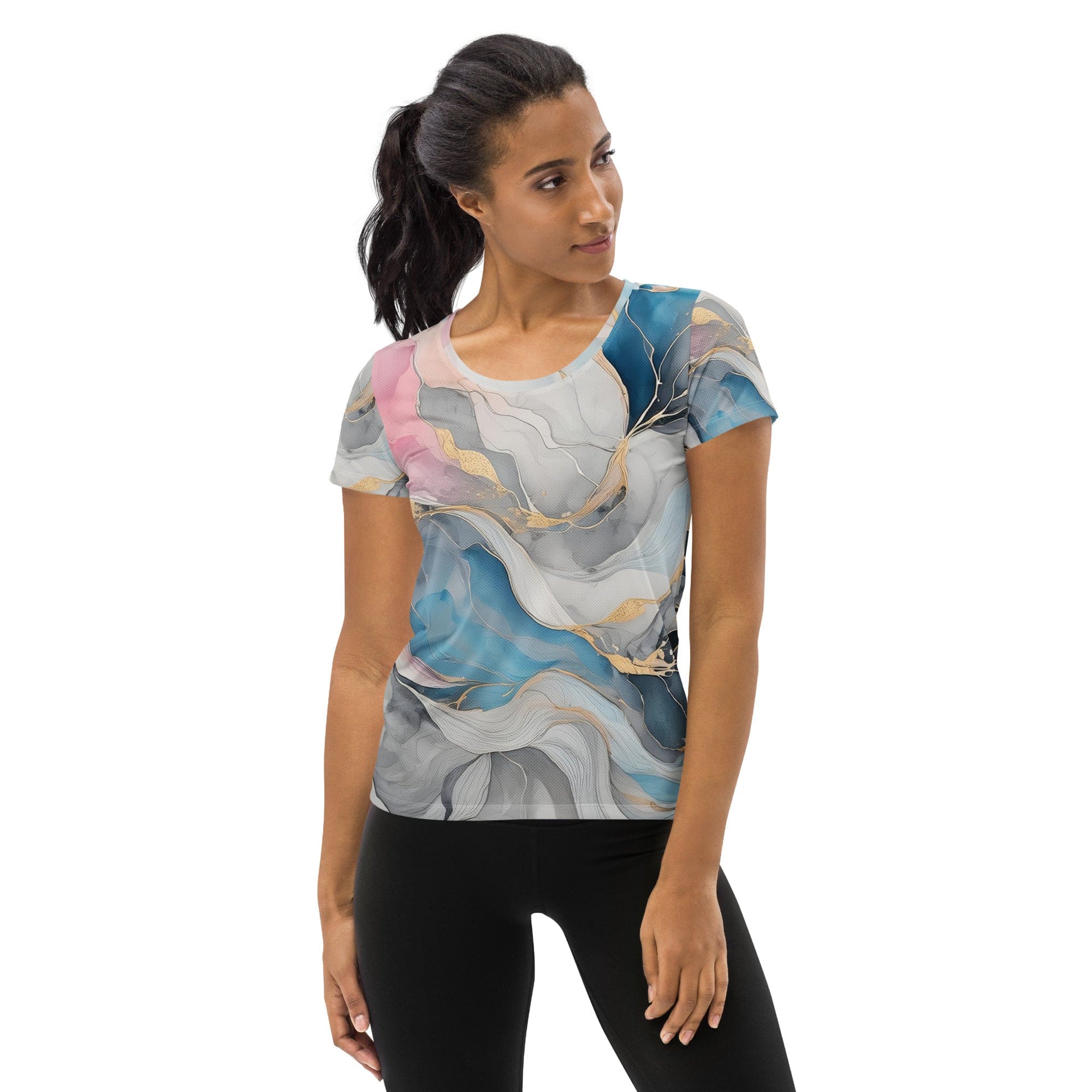 Womens Stretch Fit Athletic Sports T-shirt, Marble Cloud Of Grey 2-0