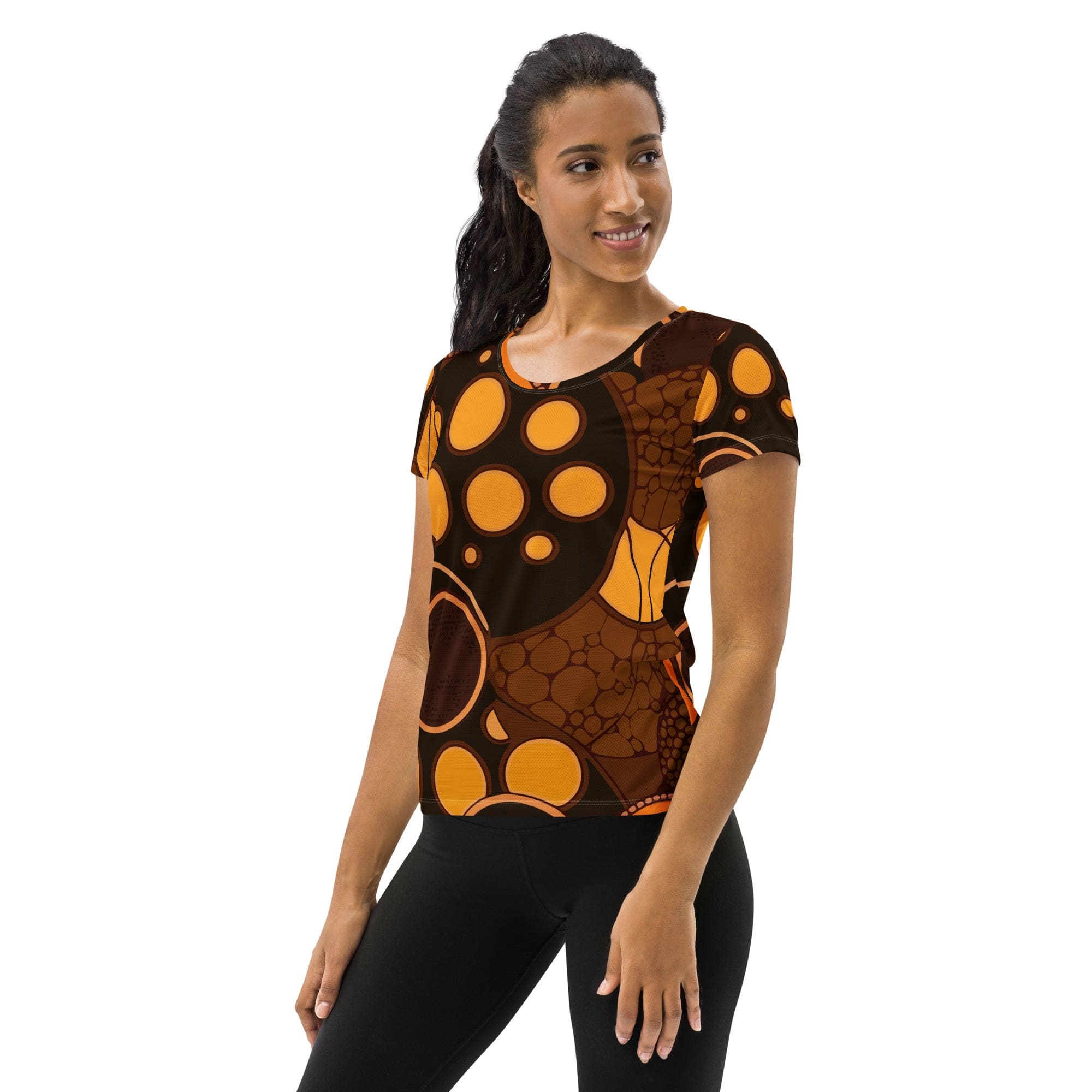 Womens Stretch Fit Athletic Sports T-shirt, Orange And Brown Spotted-3