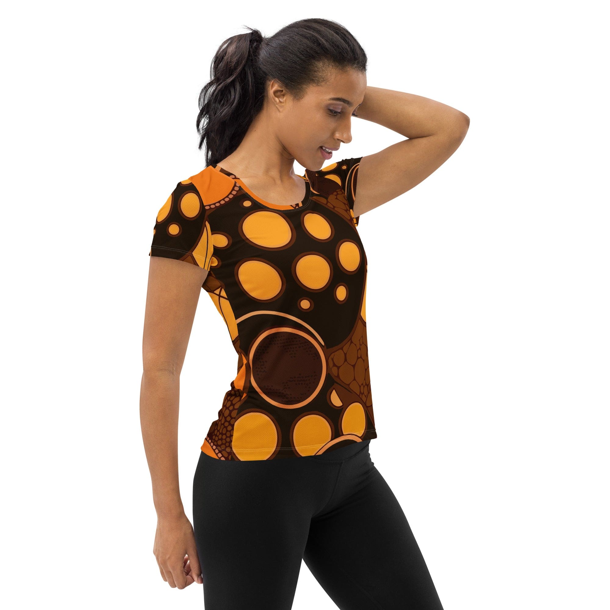 Womens Stretch Fit Athletic Sports T-shirt, Orange And Brown Spotted-2