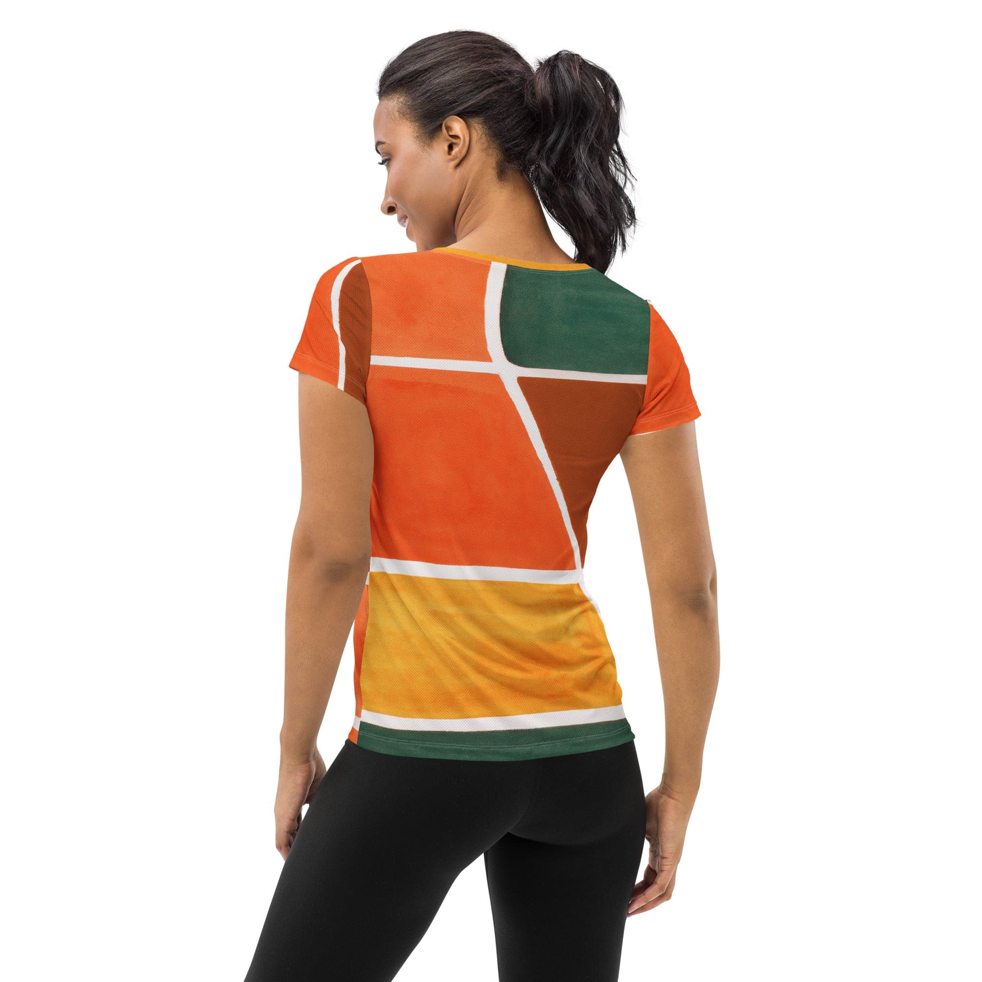 Womens Stretch Fit Athletic Sports T-shirt, Orange Green Boho Pattern-1