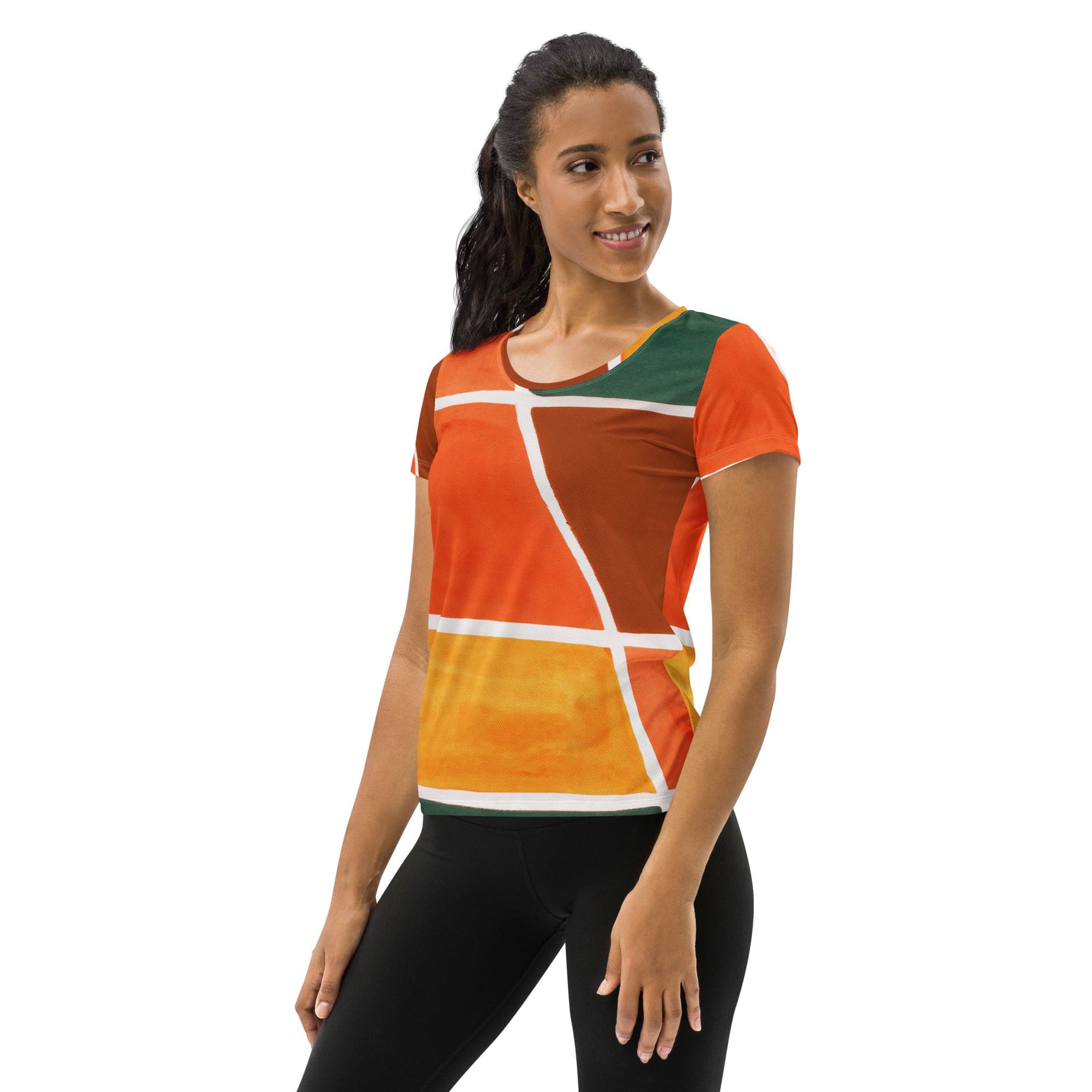 Womens Stretch Fit Athletic Sports T-shirt, Orange Green Boho Pattern-3