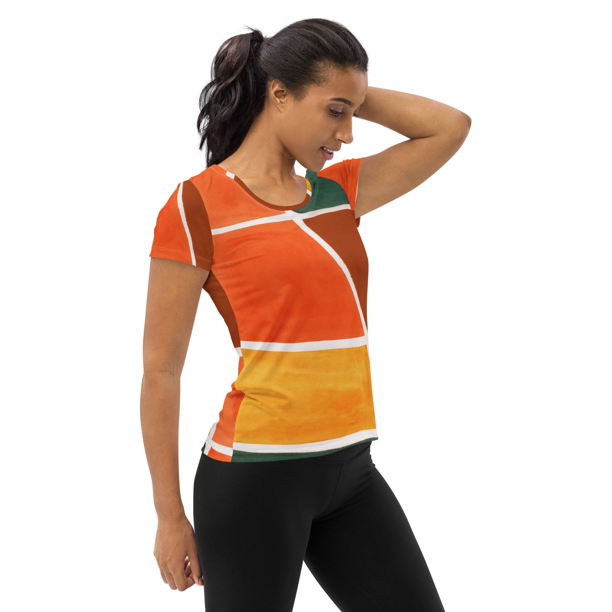 Womens Stretch Fit Athletic Sports T-shirt, Orange Green Boho Pattern-2