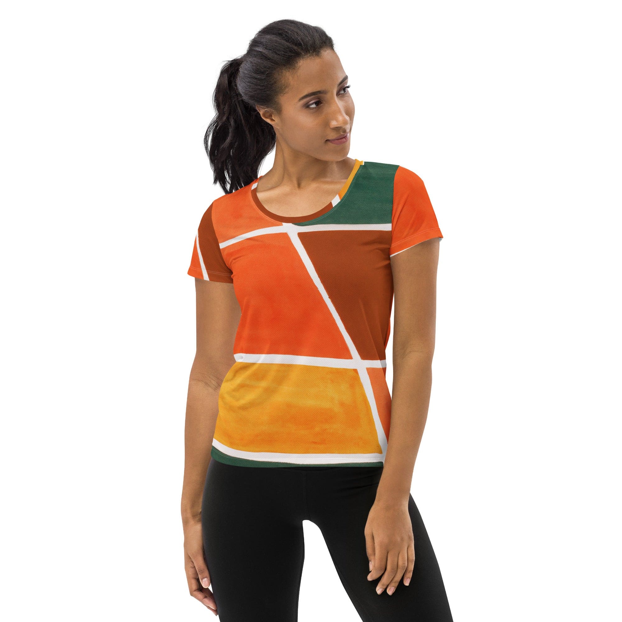 Womens Stretch Fit Athletic Sports T-shirt, Orange Green Boho Pattern-0