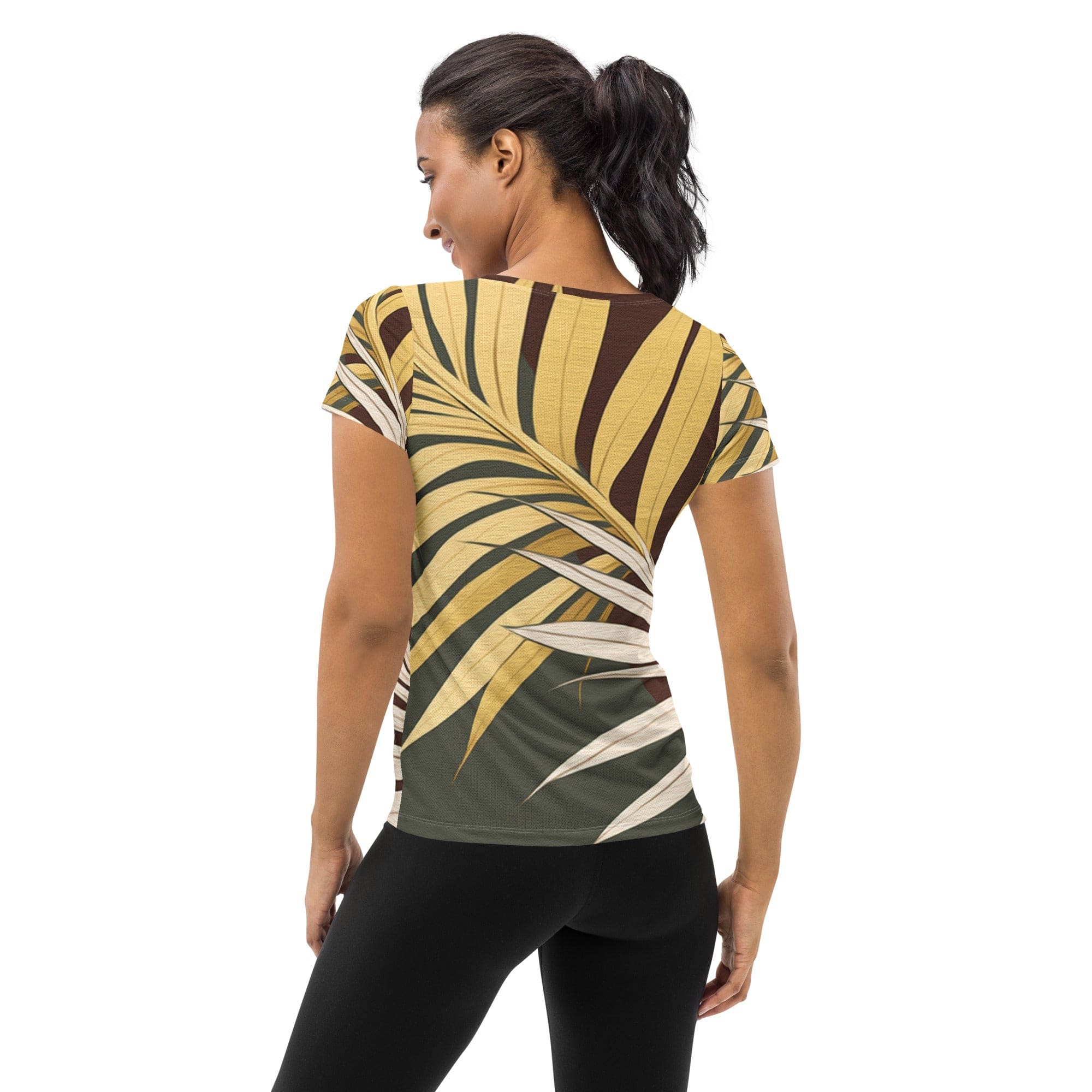 Womens Stretch Fit Athletic Sports T-shirt, Palm Tree Leaves Pattern-1