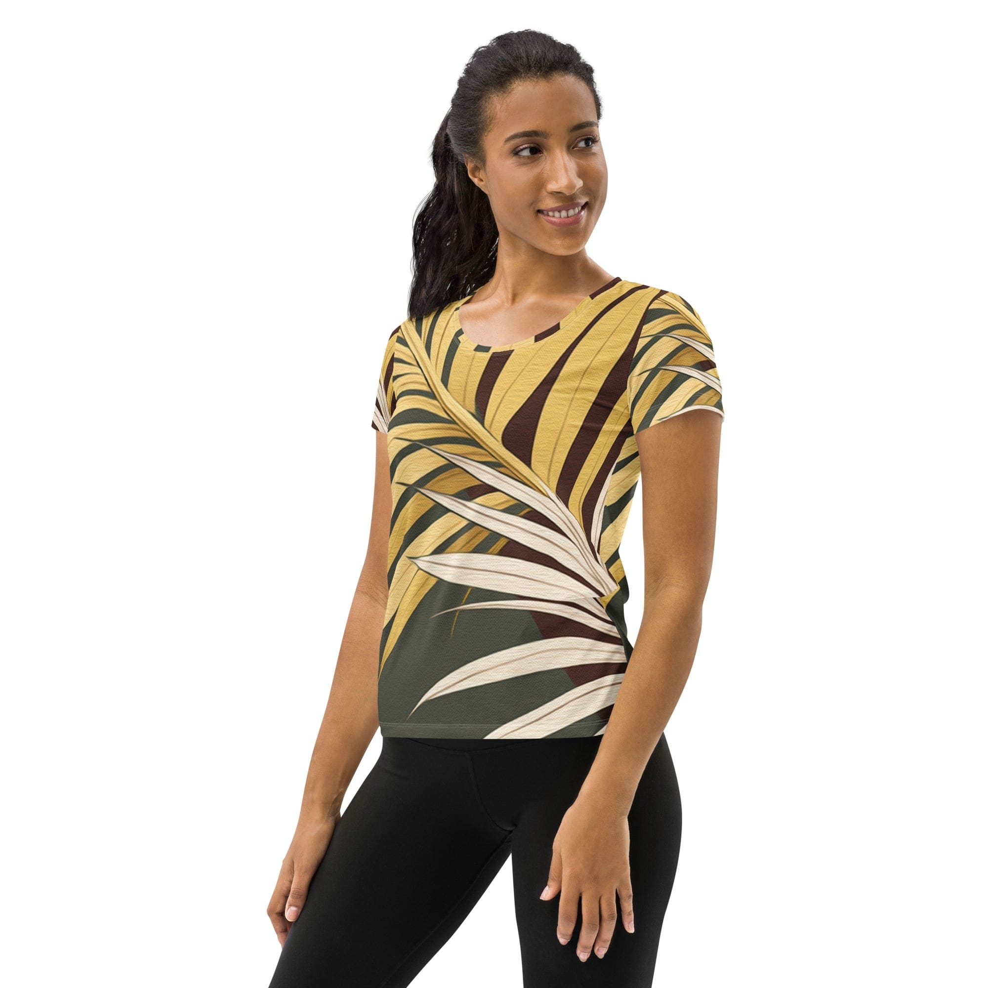 Womens Stretch Fit Athletic Sports T-shirt, Palm Tree Leaves Pattern-3