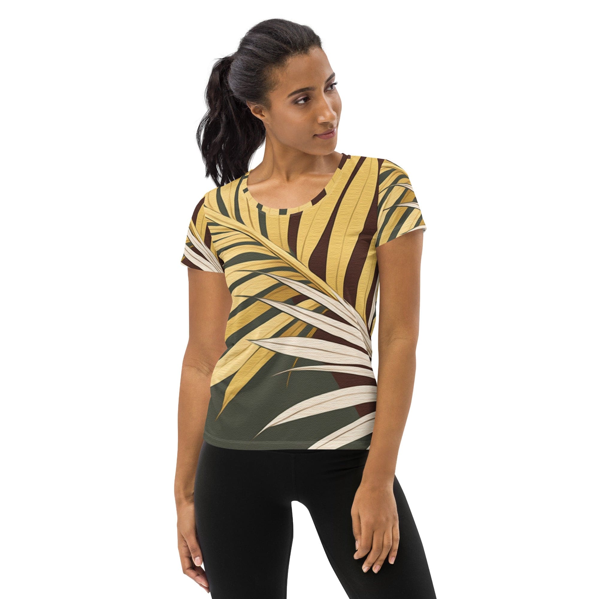 Womens Stretch Fit Athletic Sports T-shirt, Palm Tree Leaves Pattern-0