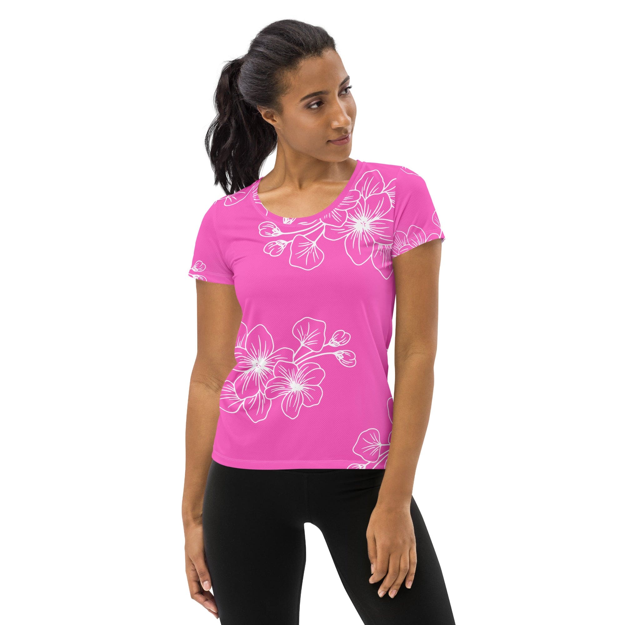 Womens Stretch Fit Athletic Sports T-shirt, Pink Floral 7022623-0