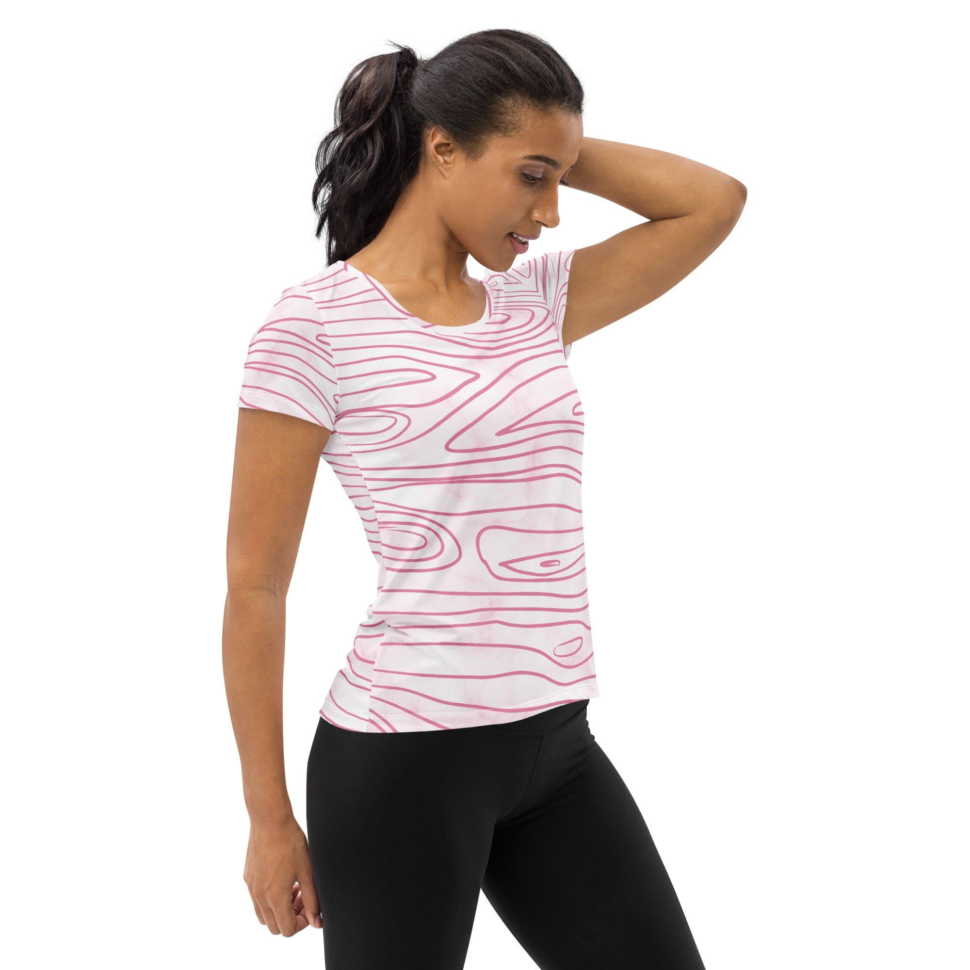 Womens Stretch Fit Athletic Sports T-shirt, Pink Line Art Sketch Print-2