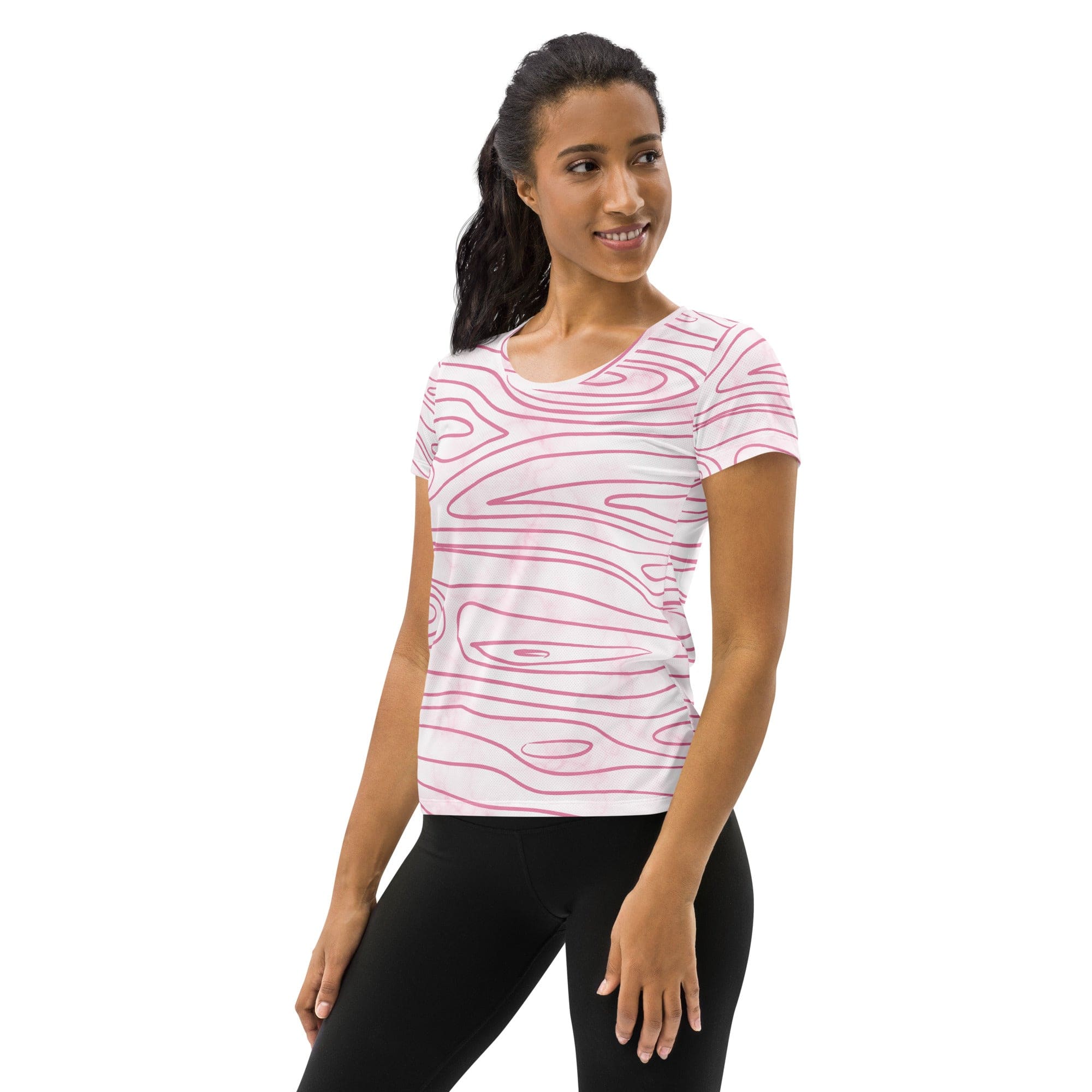 Womens Stretch Fit Athletic Sports T-shirt, Pink Line Art Sketch Print-3