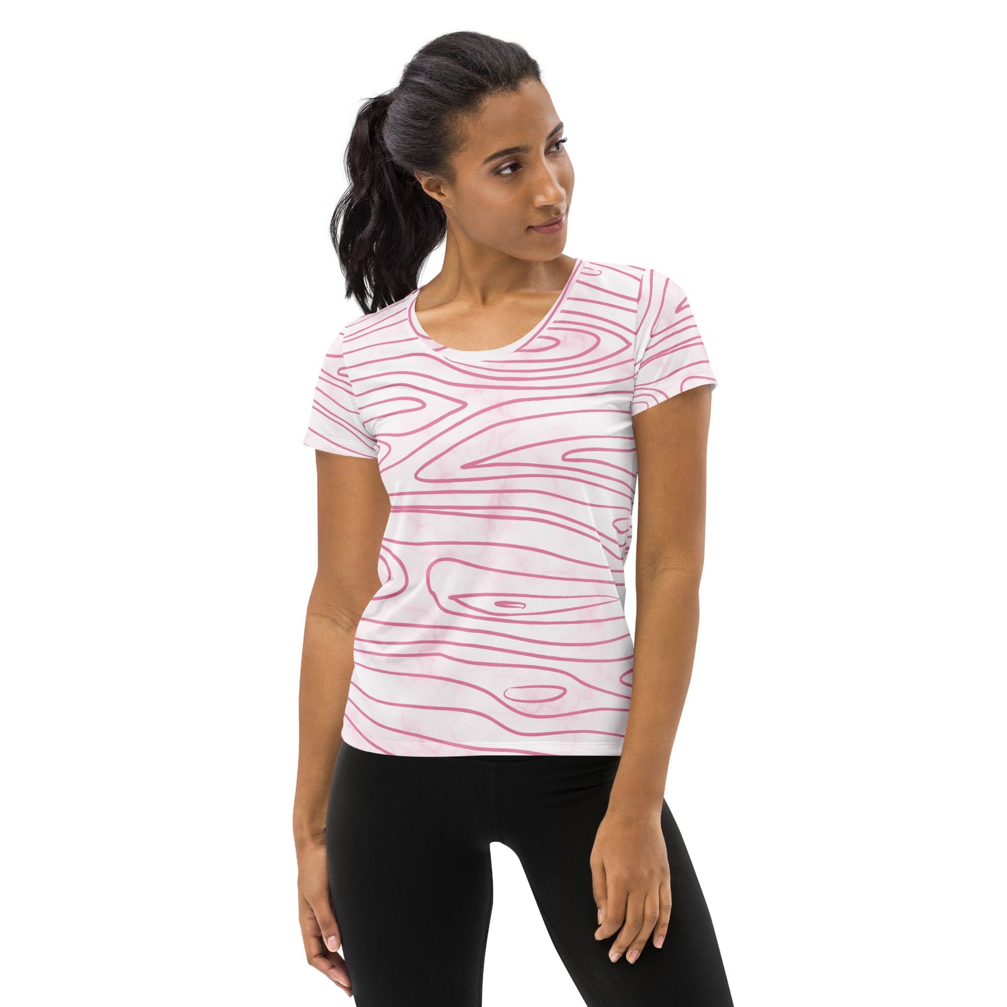 Womens Stretch Fit Athletic Sports T-shirt, Pink Line Art Sketch Print-0