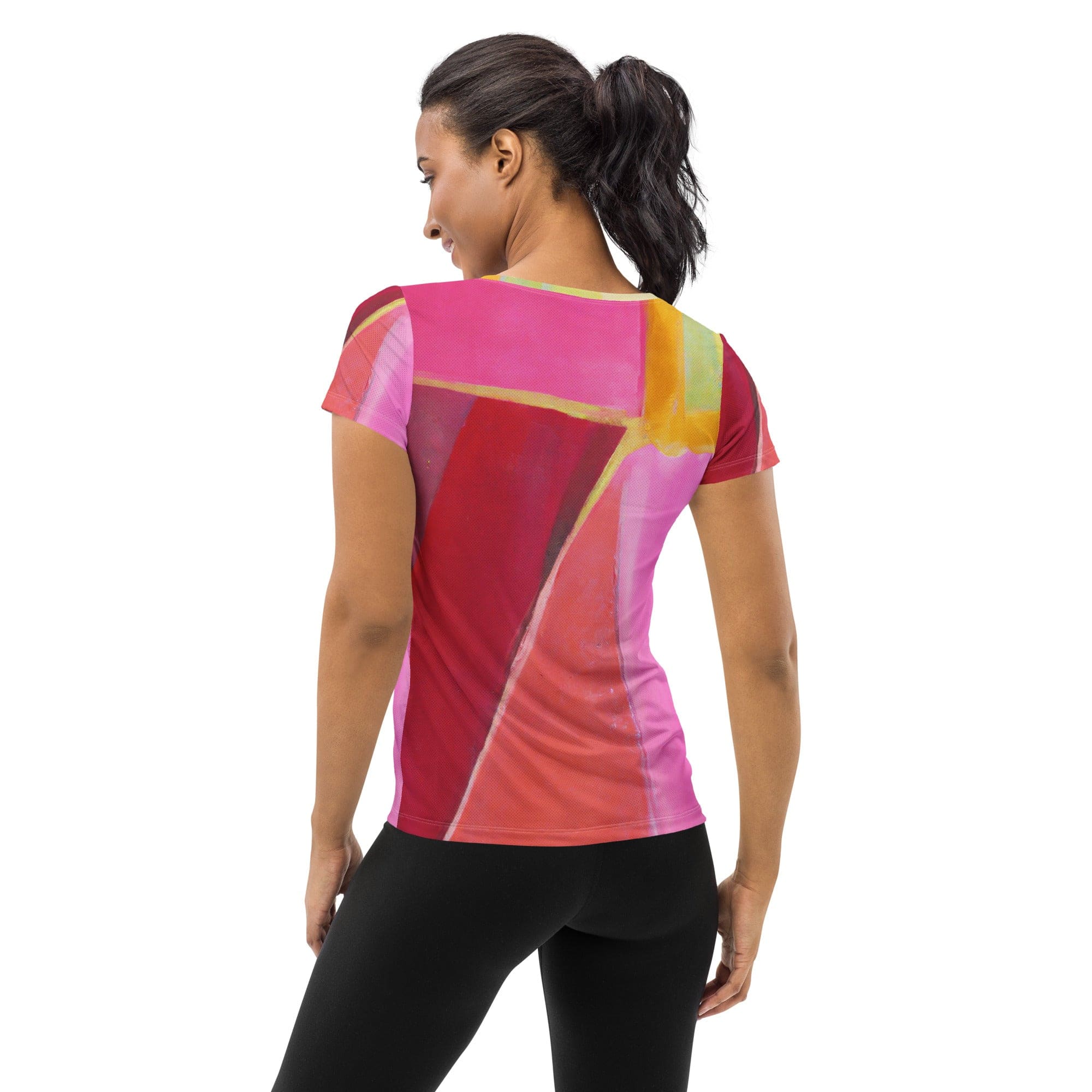 Womens Stretch Fit Athletic Sports T-shirt, Pink Mauve Red Geometric-1