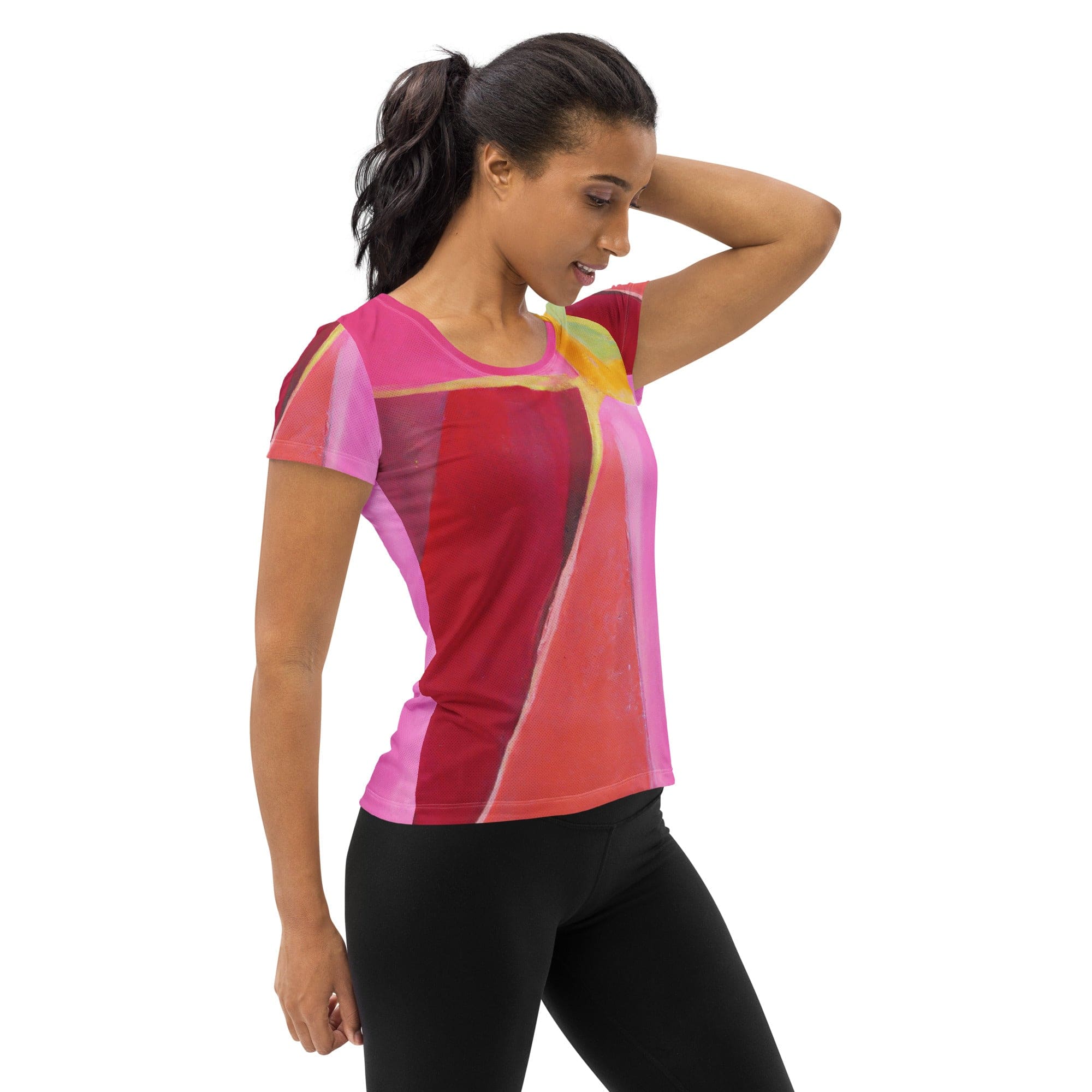 Womens Stretch Fit Athletic Sports T-shirt, Pink Mauve Red Geometric-2