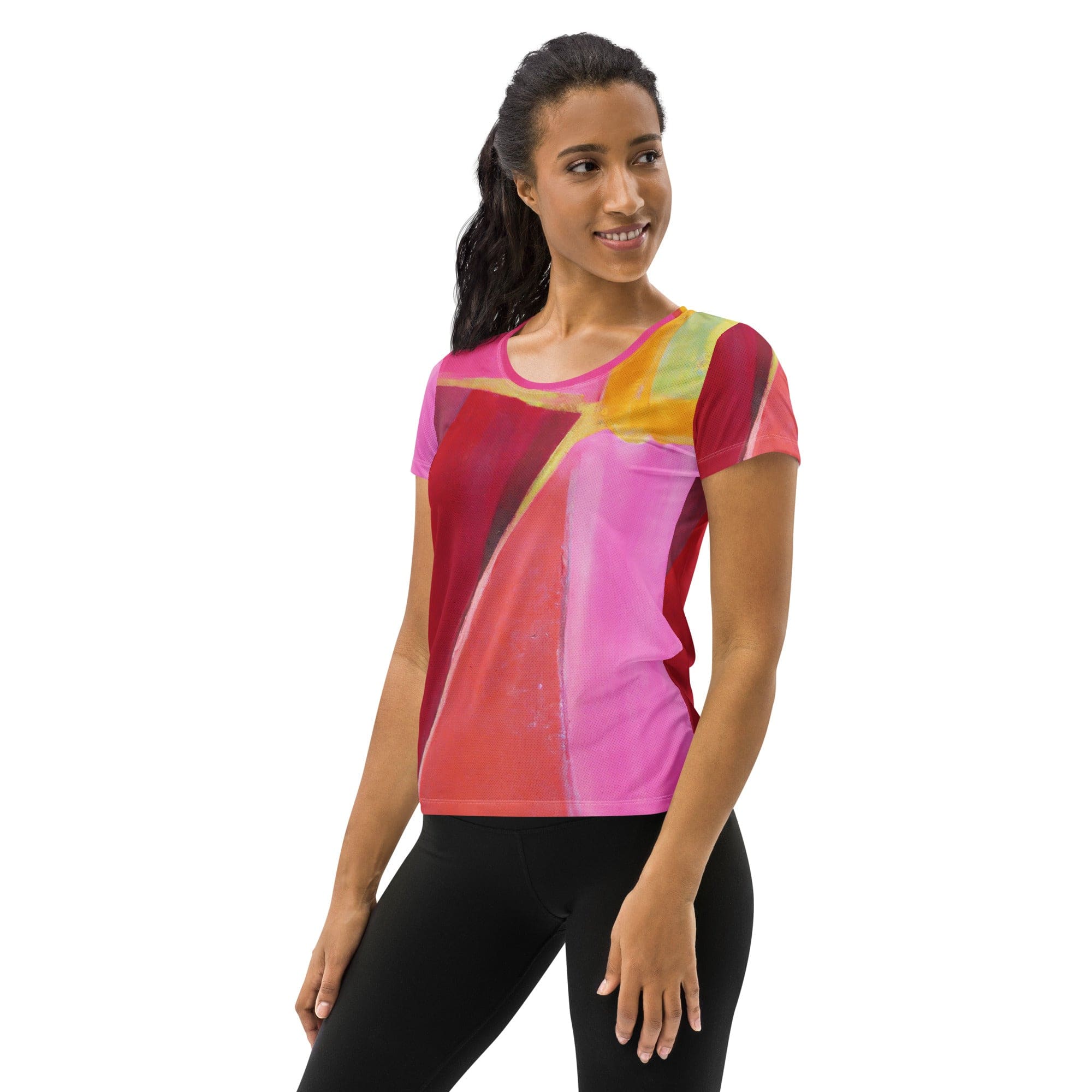 Womens Stretch Fit Athletic Sports T-shirt, Pink Mauve Red Geometric-3