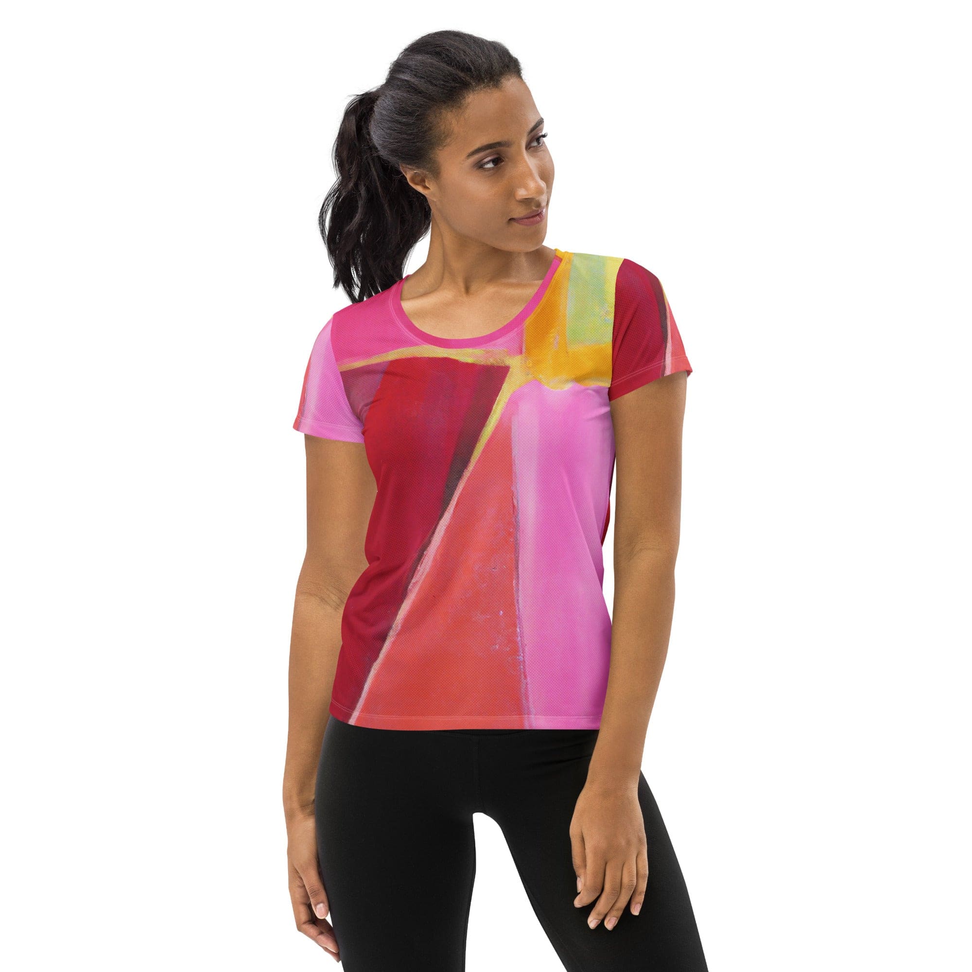 Womens Stretch Fit Athletic Sports T-shirt, Pink Mauve Red Geometric-0