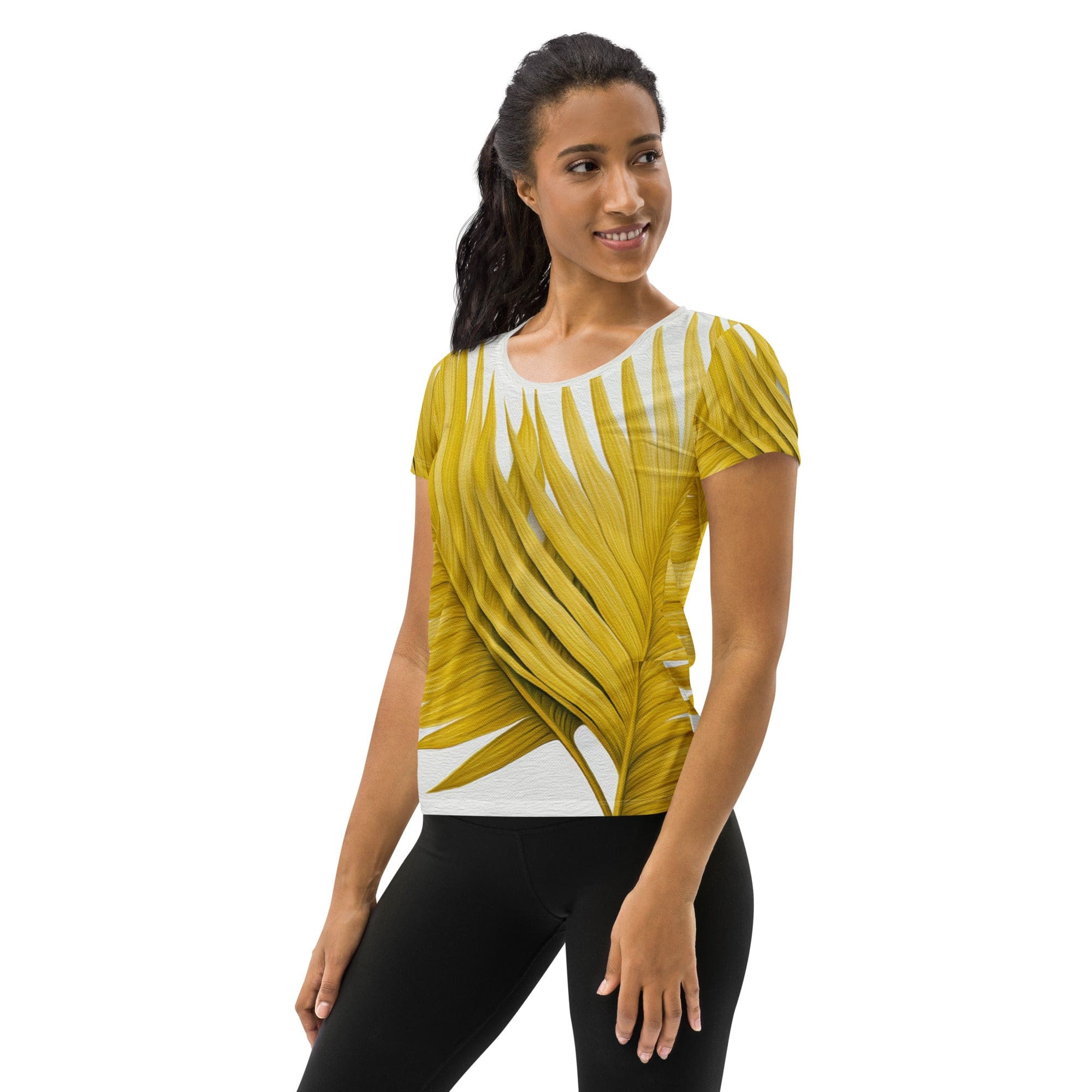 Womens Stretch Fit Athletic Sports T-shirt, Yellow Palm Leaves-3