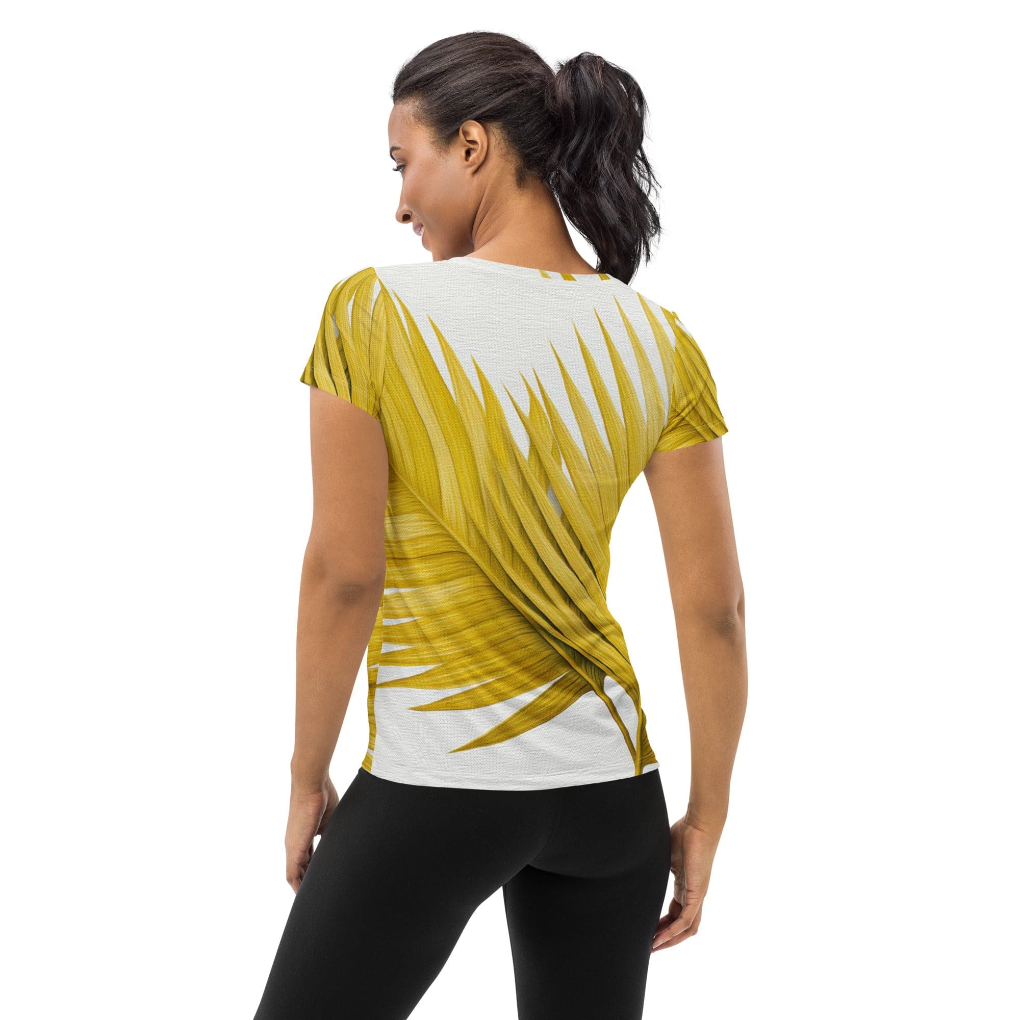 Womens Stretch Fit Athletic Sports T-shirt, Yellow Palm Leaves-1