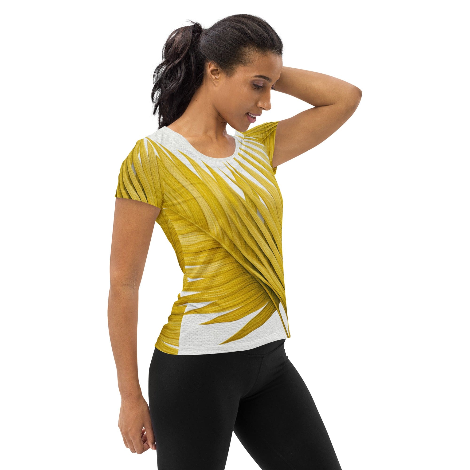 Womens Stretch Fit Athletic Sports T-shirt, Yellow Palm Leaves-2