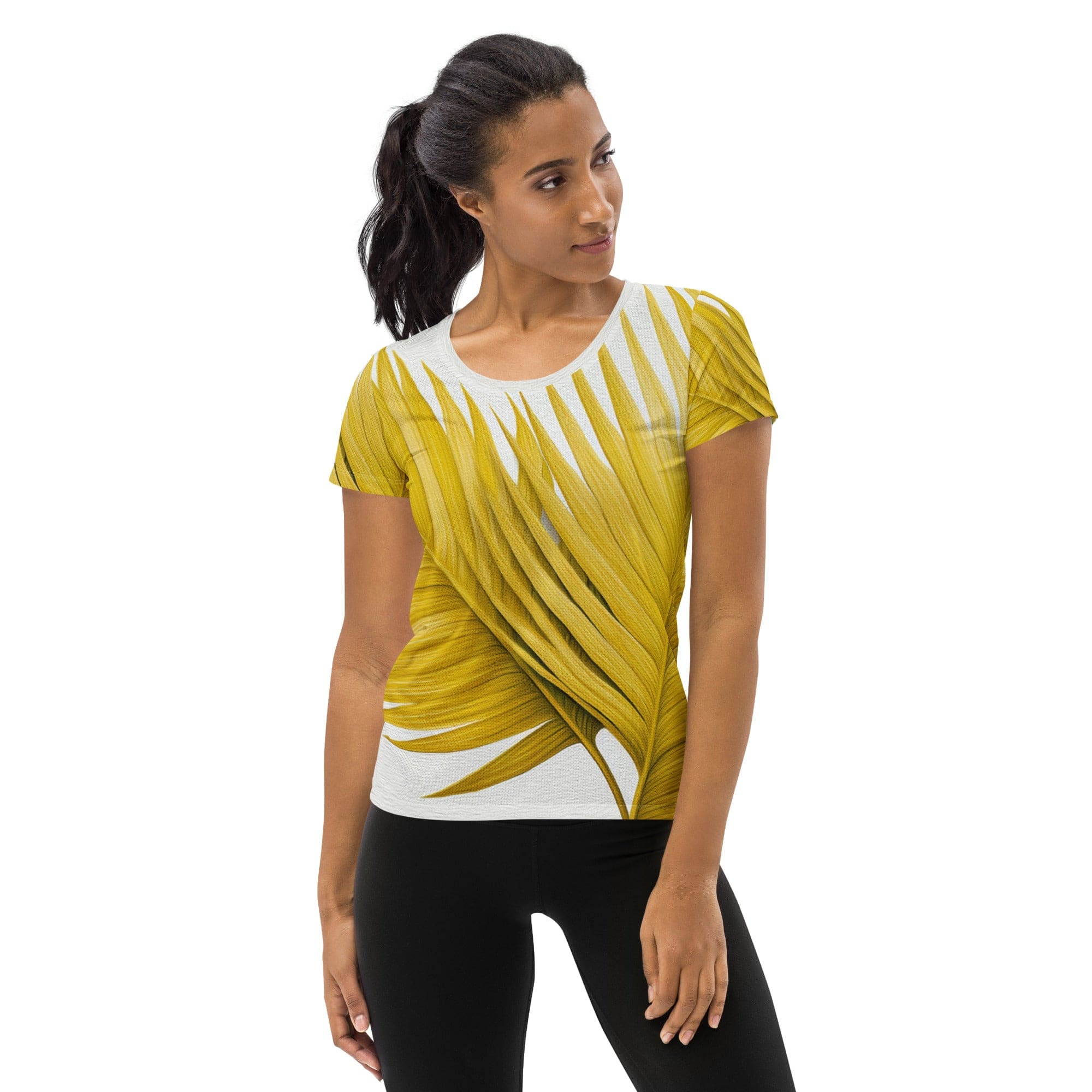 Womens Stretch Fit Athletic Sports T-shirt, Yellow Palm Leaves-0