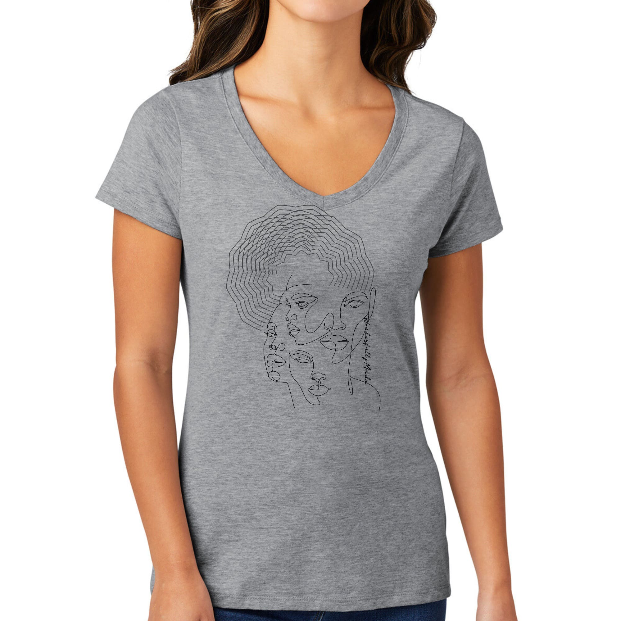 Womens V-neck Graphic T-shirt, Every Woman Is Wonderfully Made Black-1