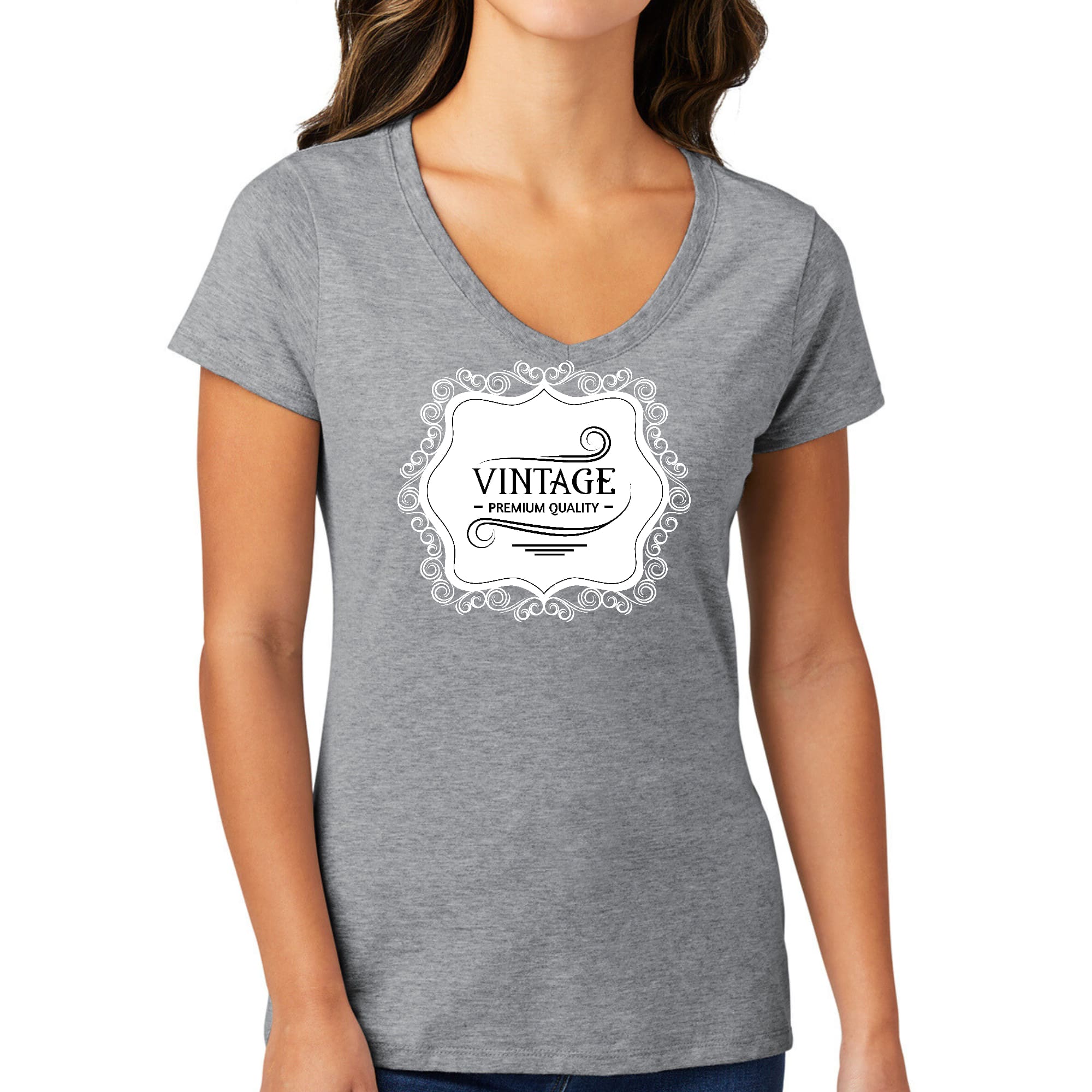 Womens V-neck Graphic T-shirt, Vintage Premium Quality White Black-1