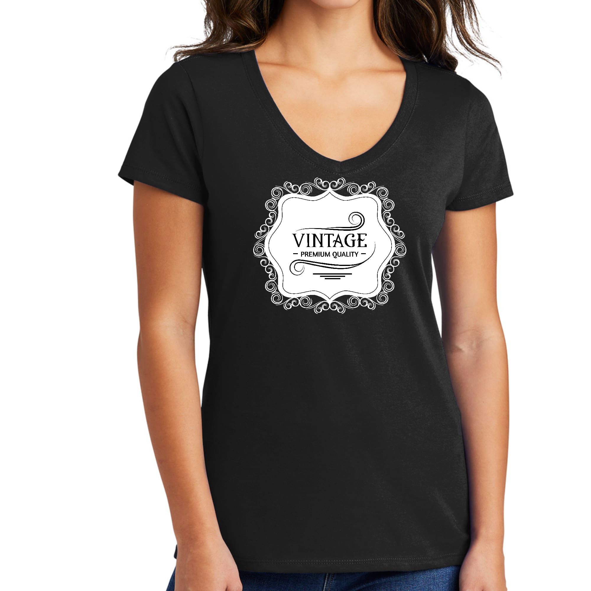 Womens V-neck Graphic T-shirt, Vintage Premium Quality White Black-0