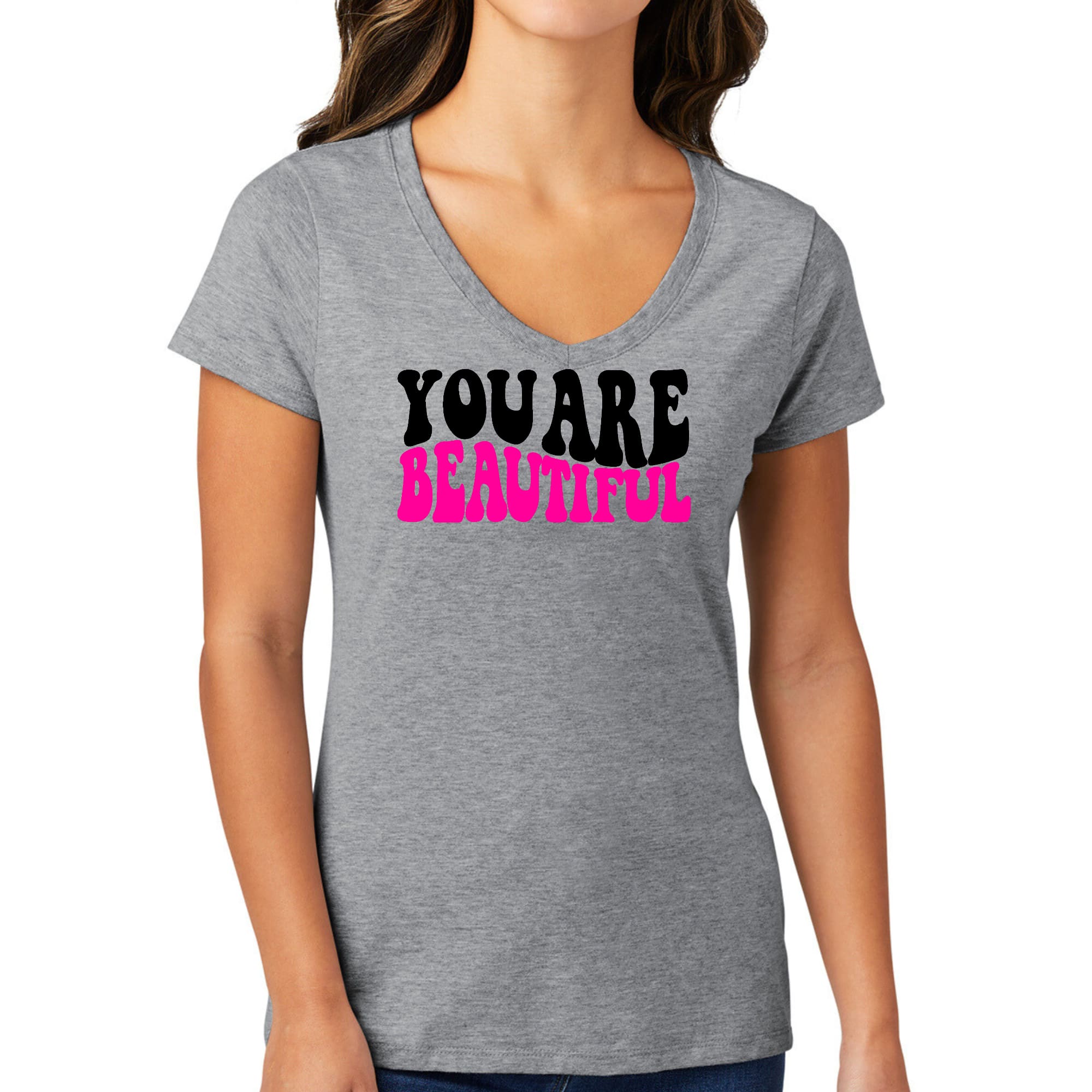 Womens V-neck Graphic T-shirt, you are Beautiful Print-1