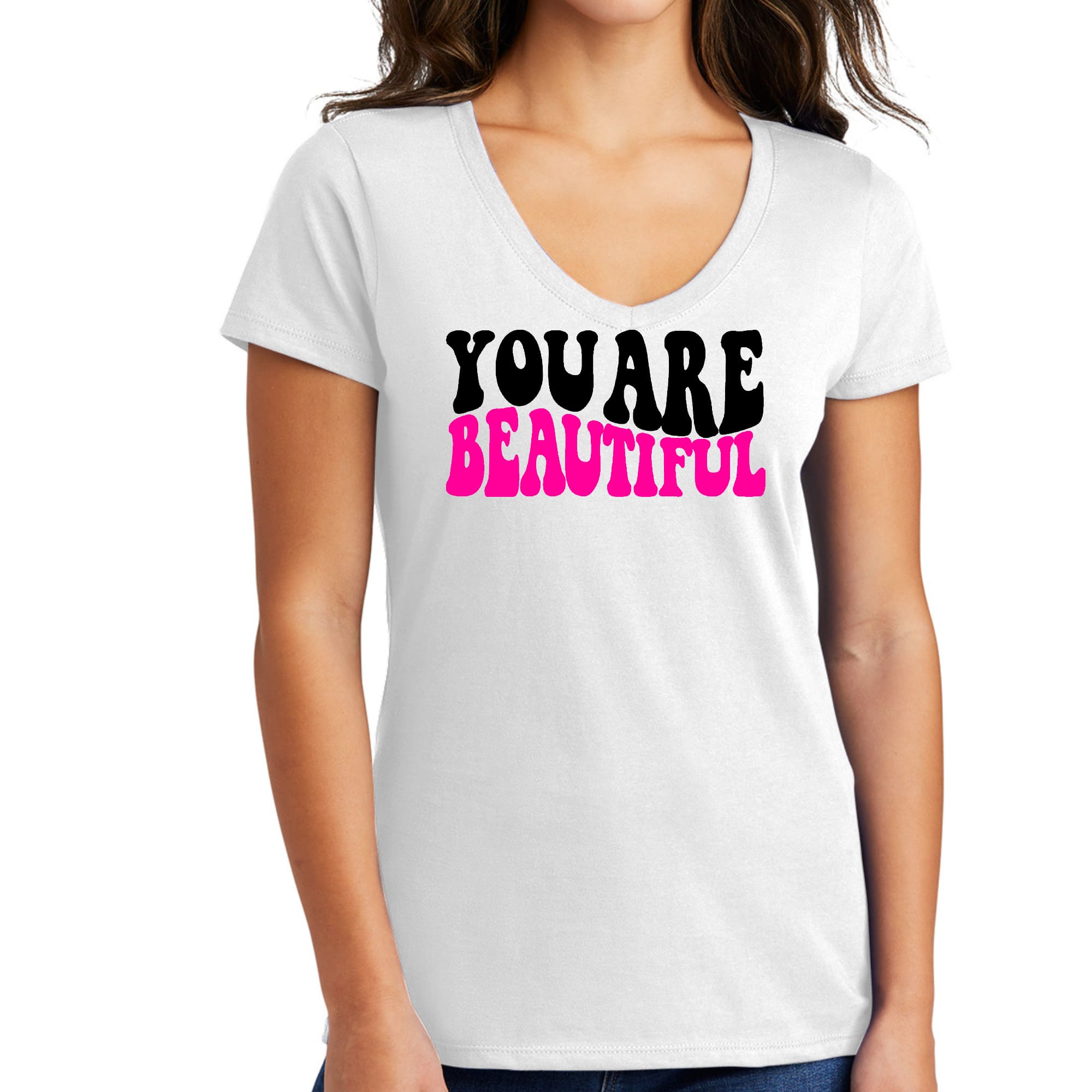 Womens V-neck Graphic T-shirt, you are Beautiful Print-0