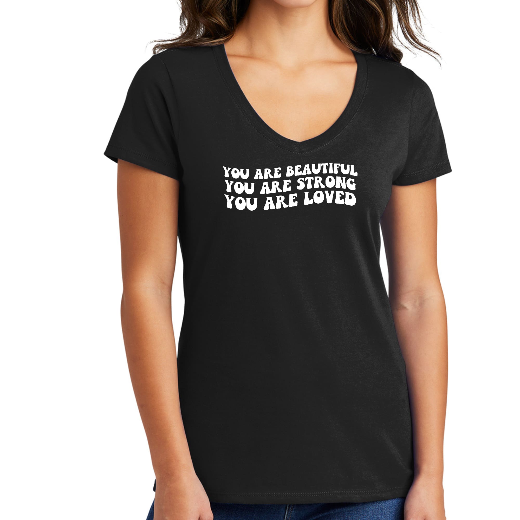 Womens V-neck Graphic T-shirt, You Are Beautiful Strong Loved-0