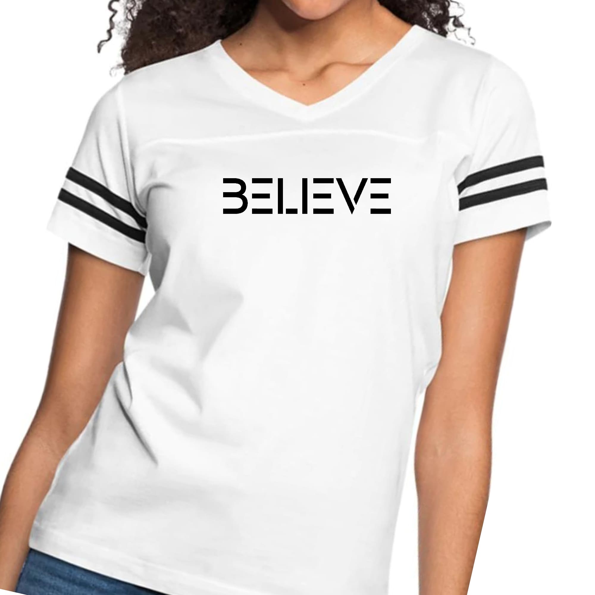 Womens Vintage Sport Graphic T-shirt, Believe Black Print-0