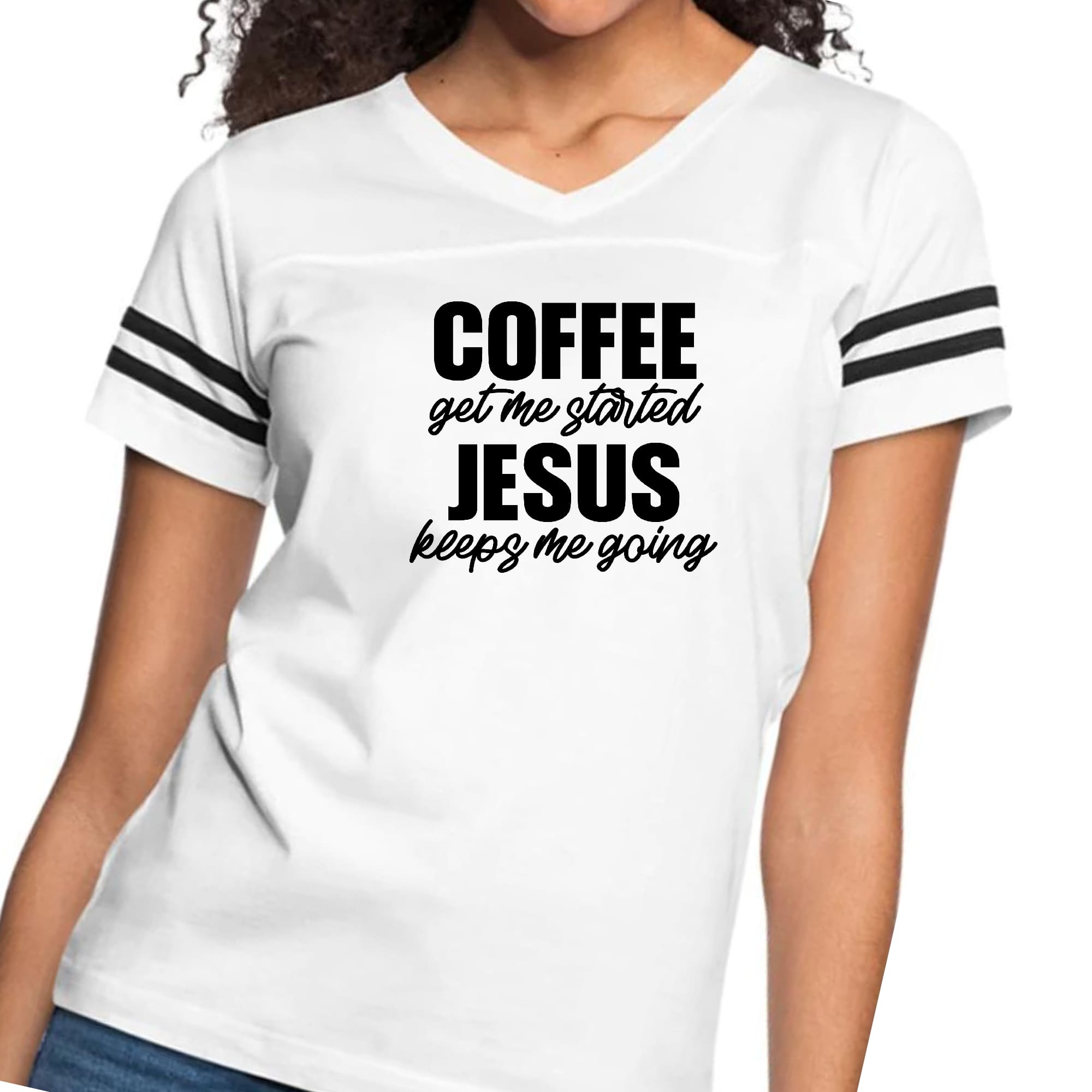 Womens Vintage Sport Graphic T-shirt, Coffee Get me Started, Jesus-0