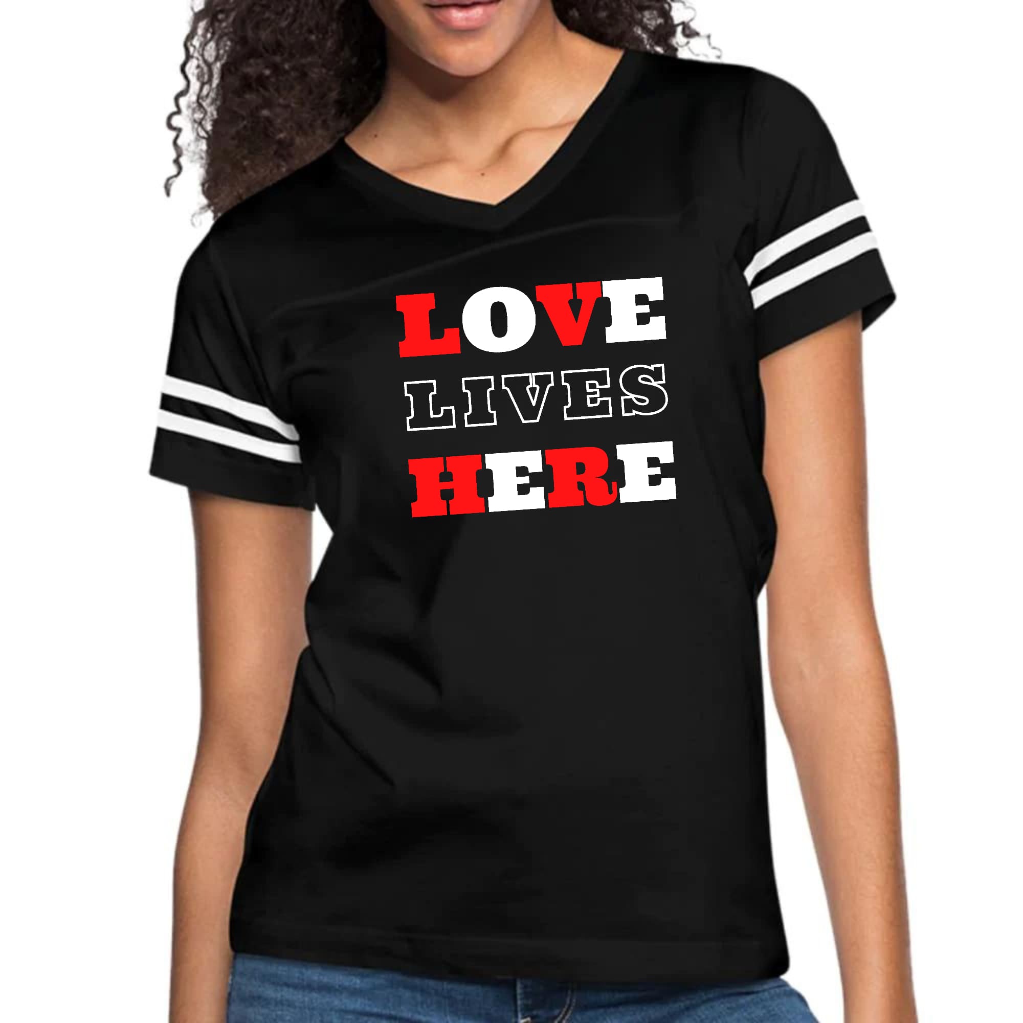 Womens Vintage Sport Graphic T-shirt, Love Lives Here Christian-0