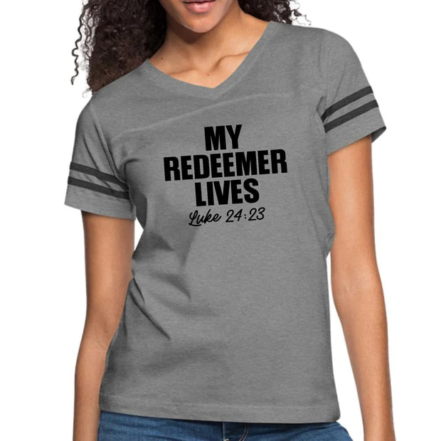 Womens Vintage Sport Graphic T-shirt, My Redeemer Lives Print-3