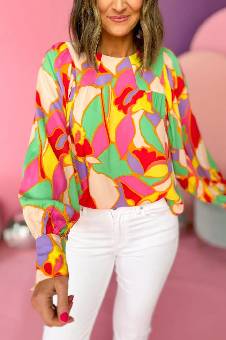 Yellow Abstract Puff Sleeve Blouse-0