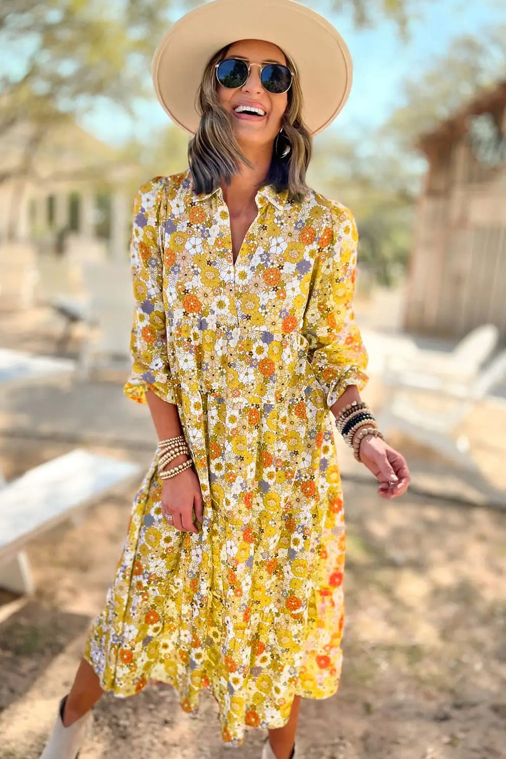 Yellow Boho Floral Collared Long Sleeve Ruffled Dress-2