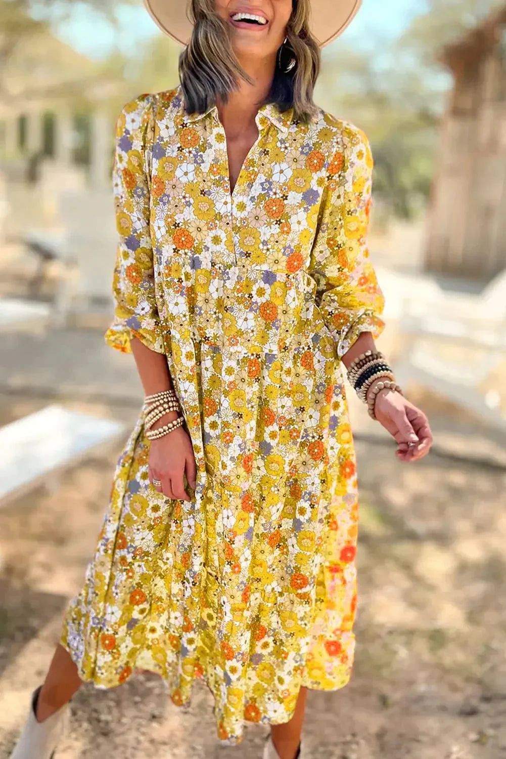 Yellow Boho Floral Collared Long Sleeve Ruffled Dress-0