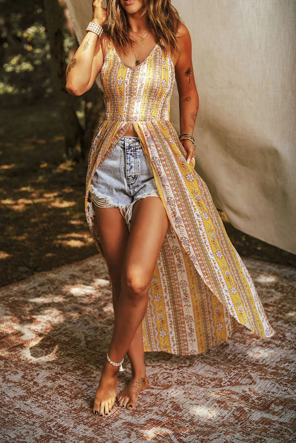 Yellow Boho Floral Print Smocked Front Slit Maxi Tank-0