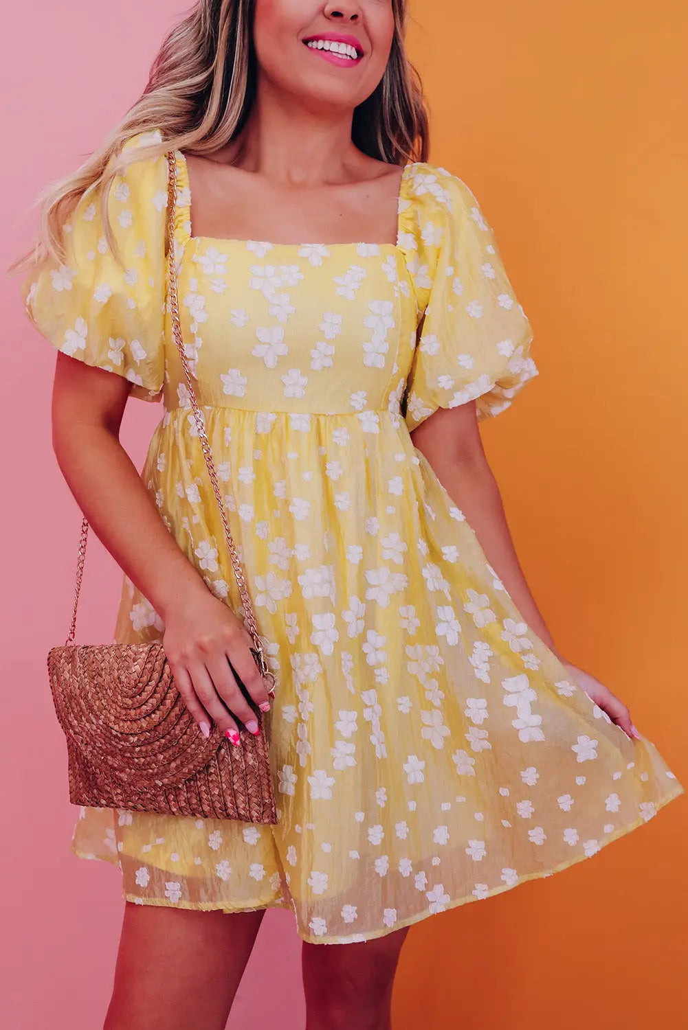 Yellow Boho Flower Jacquard Mini Dress-4