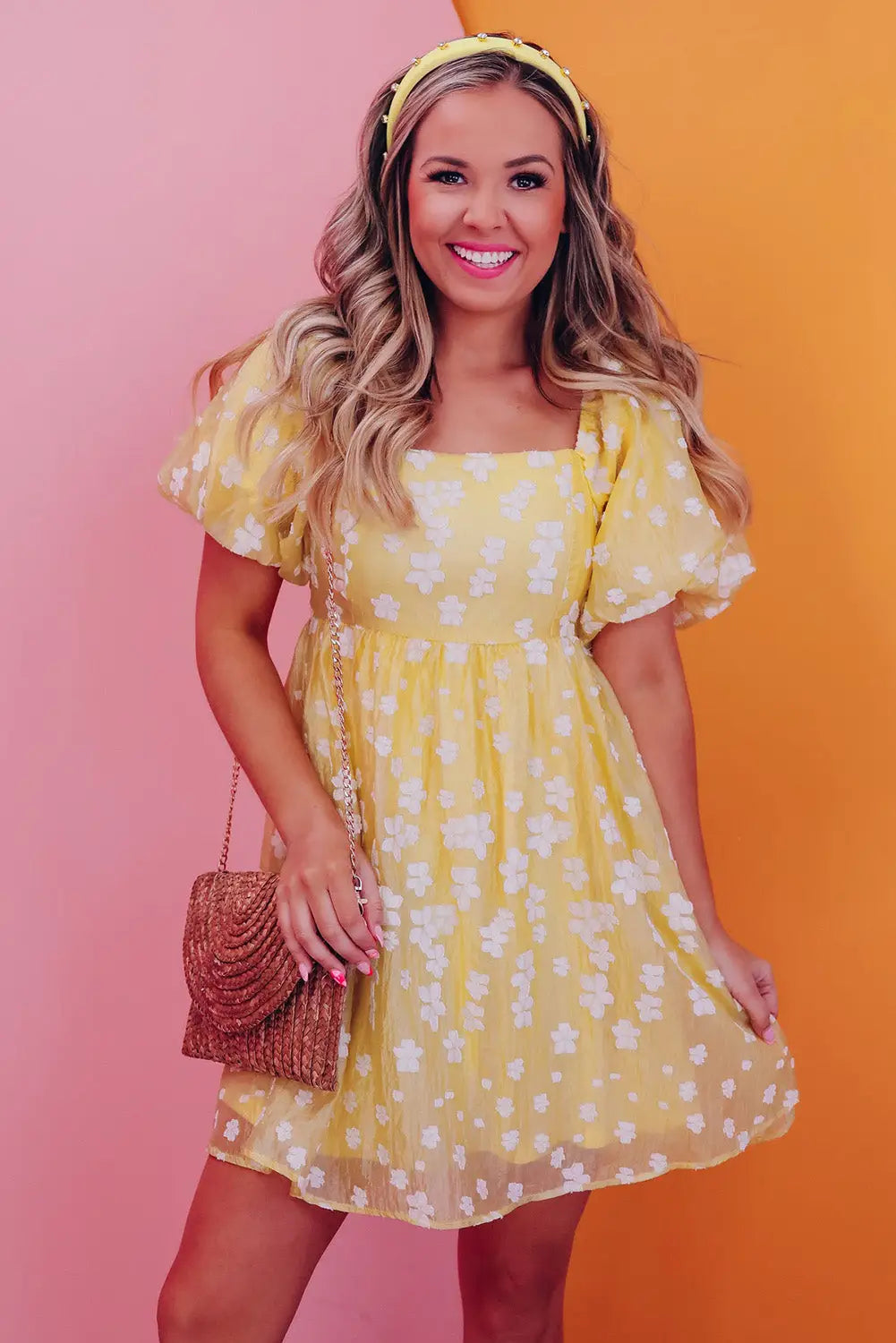 Yellow Boho Flower Jacquard Mini Dress-3