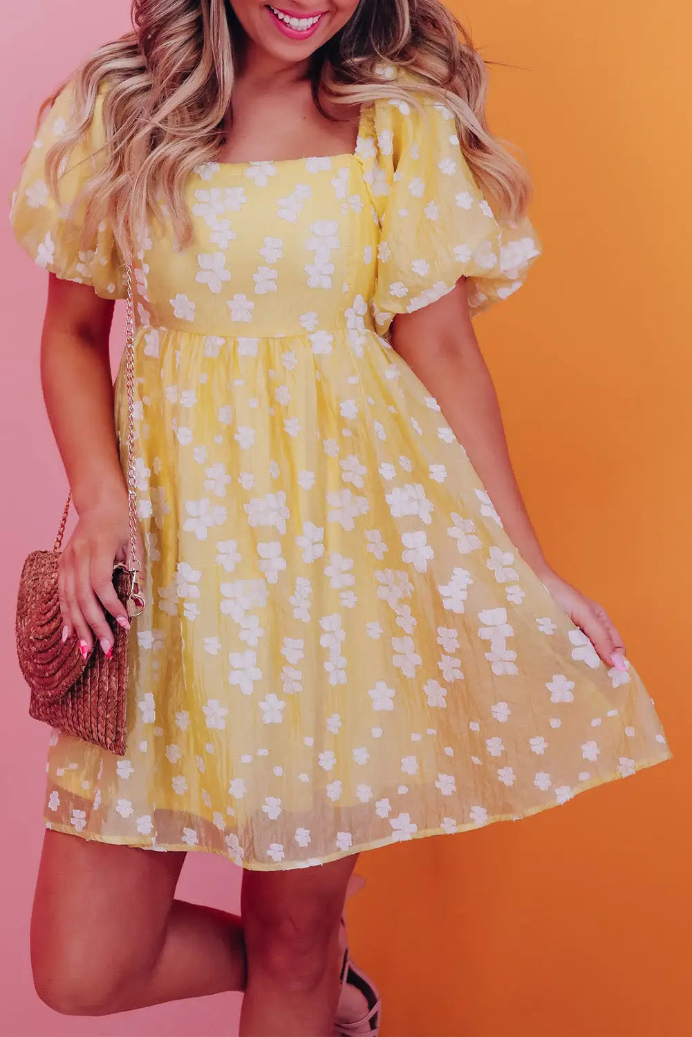 Yellow Boho Flower Jacquard Mini Dress-0