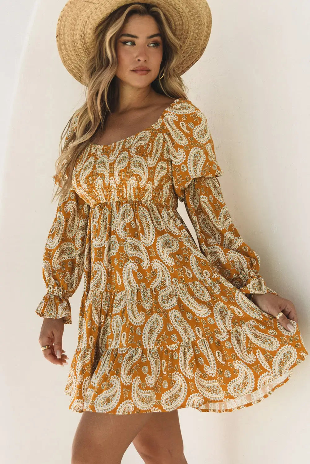 Yellow Boho Paisley Long Sleeve Floral Dress-2