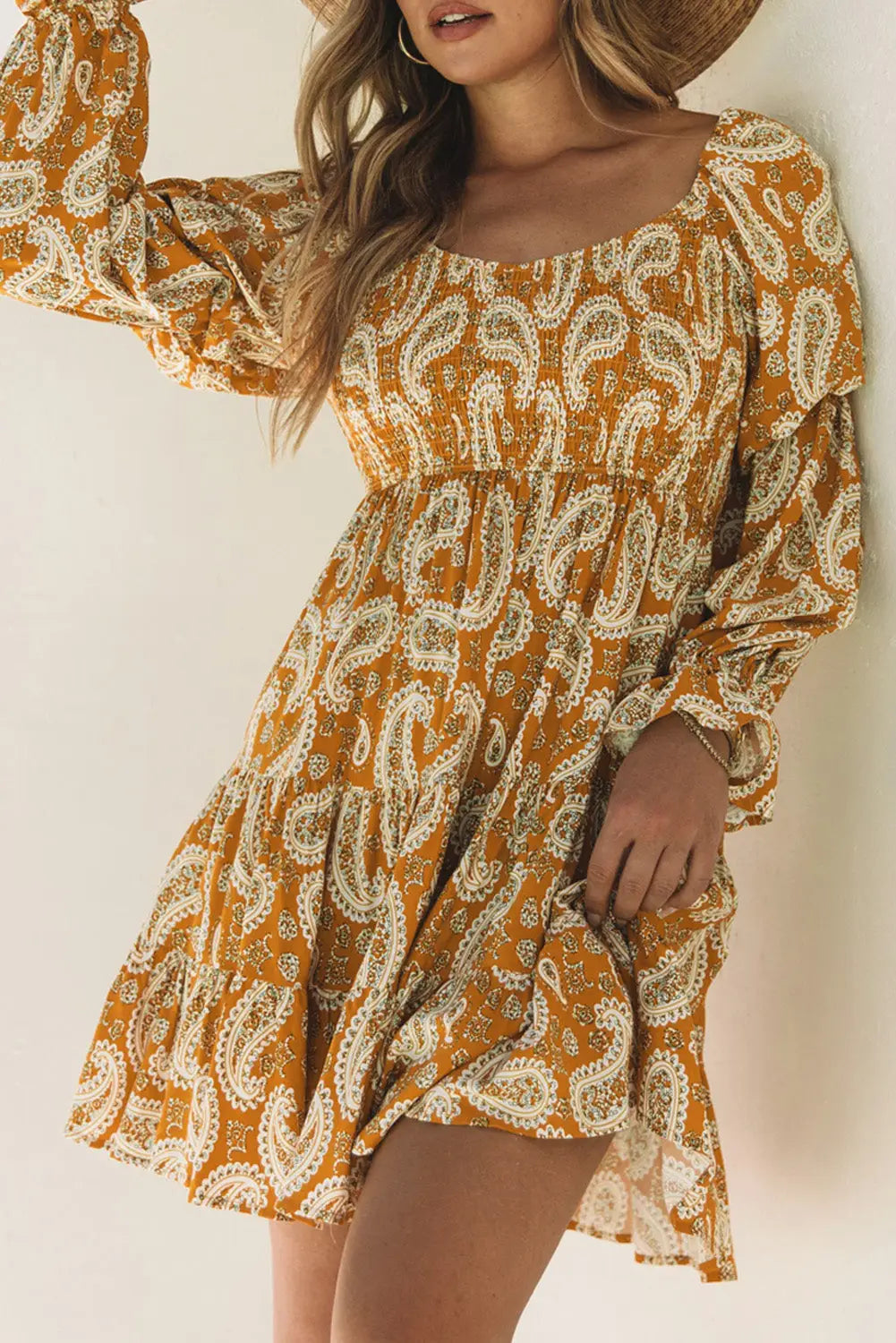 Yellow Boho Paisley Long Sleeve Floral Dress-4